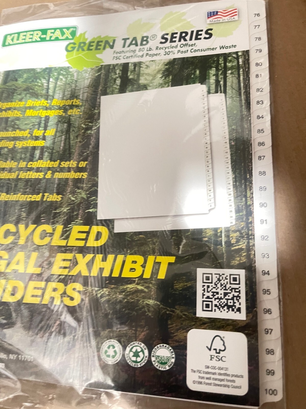 KLEER-FAX Green Tab 90000 Series Letter Exhibit Dividers 25/Pack 76-100(T16R15)