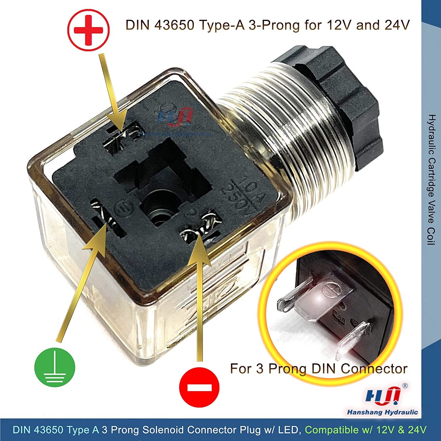 DIN 43650 Type A 3 Prong Solenoid Connector Plug w/ LED Light Compatible 12V 24V