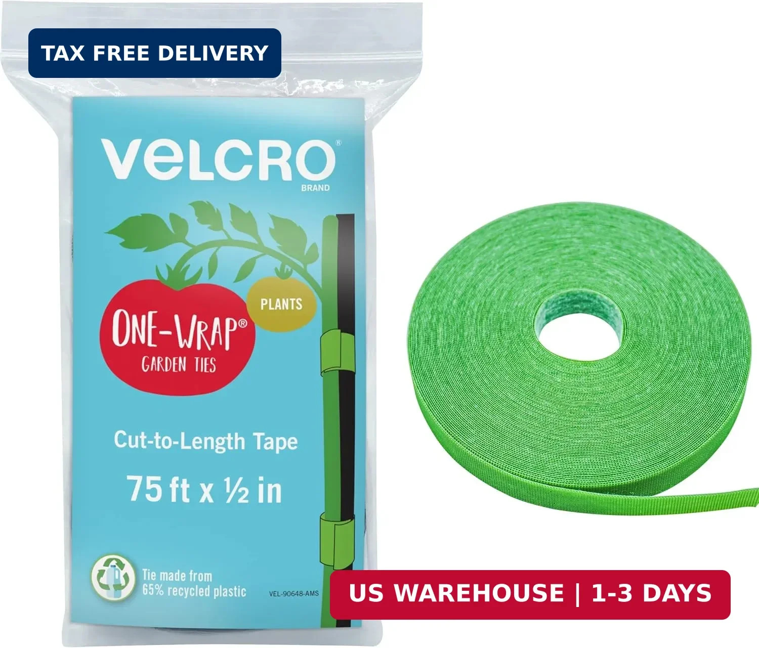 VELCRO Brand Adjustable Plant Ties | 75 ft x 1/2 in Green Garden Tape | Reusable
