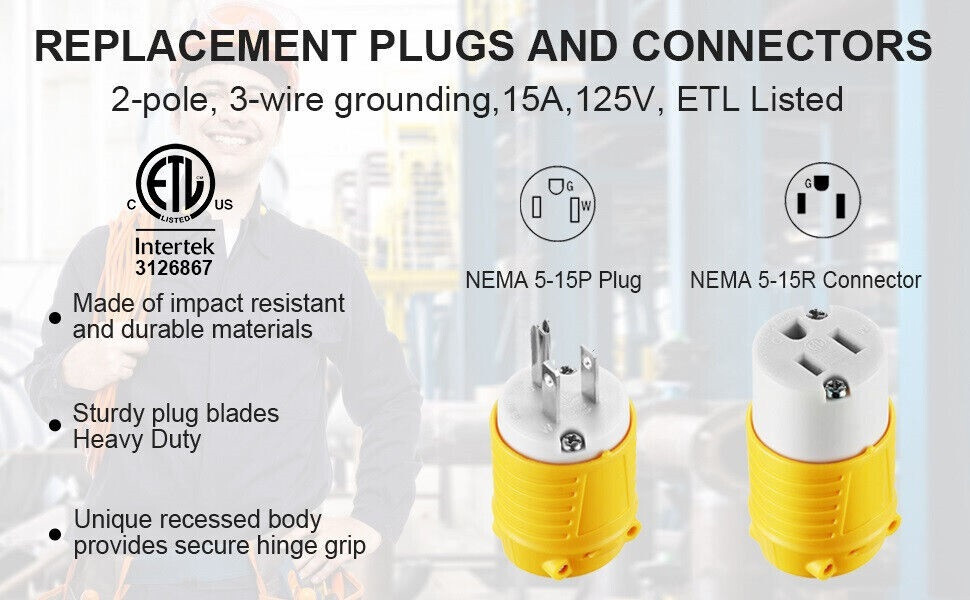 Male & Female Extension Cord End Plugs 15Amp 125V Electrical Connectors 3 Wires