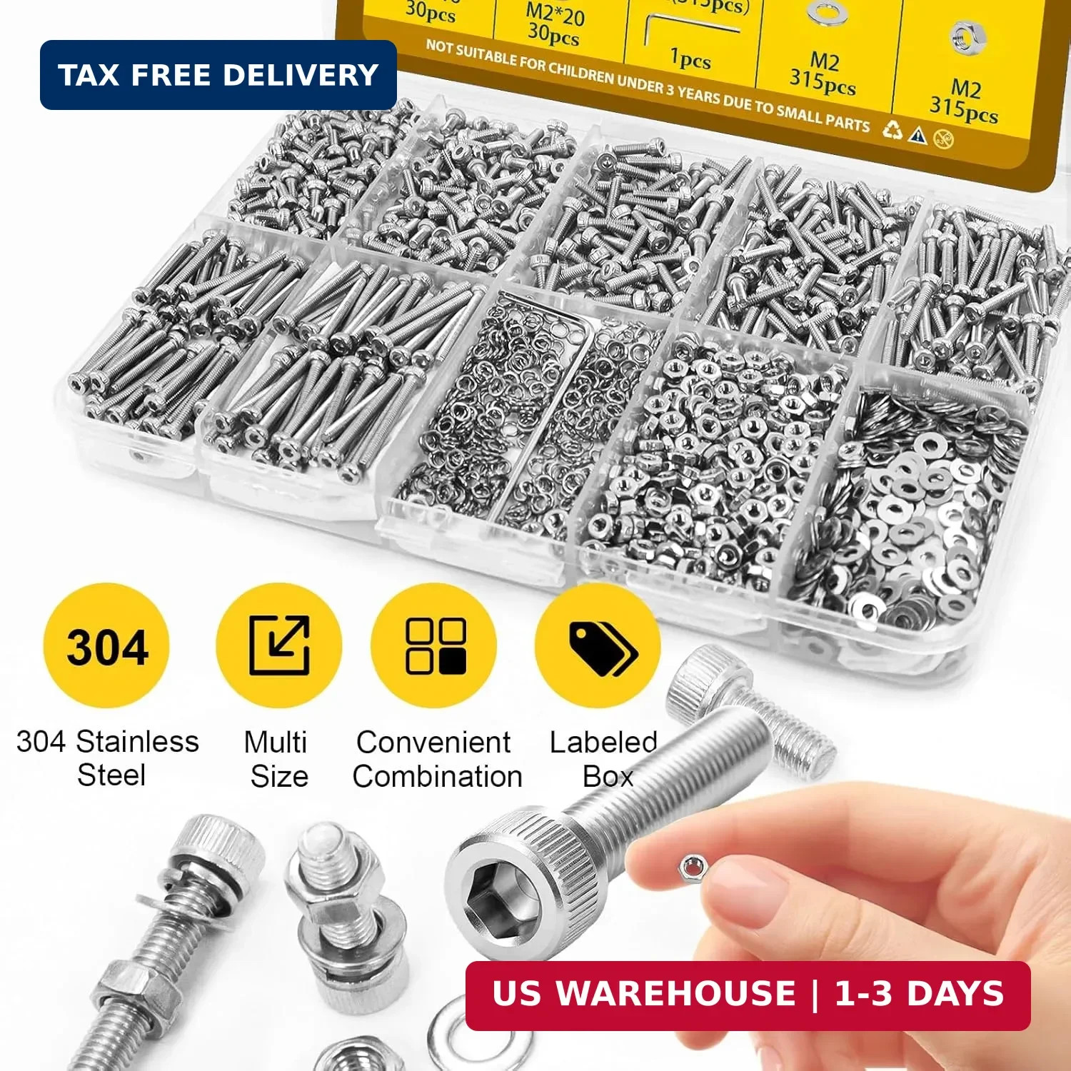 1260pcs M2 Screw Assortment kit, M2*4mm/6mm/8mm/10mm/12mm/16mm/20mm 304 Stainles