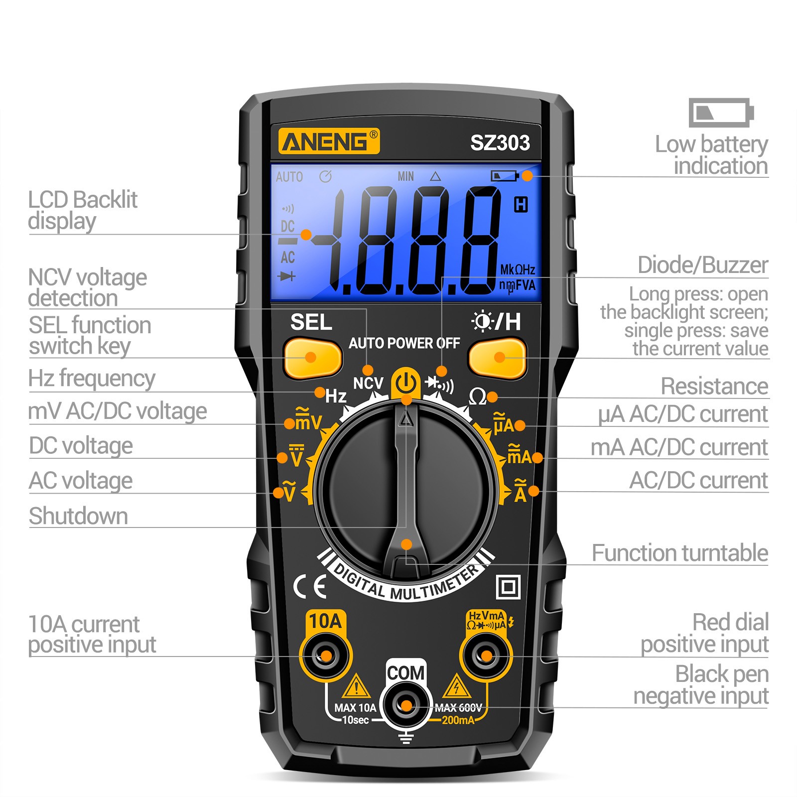 SZ303 Multimeter 1999 Count Digital AC/DC Voltage Current Resistance IUSO