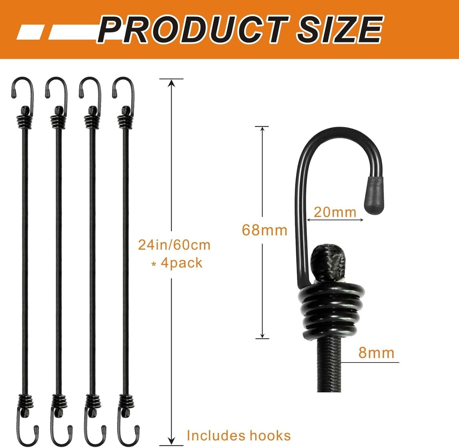 Heavy Duty No Odor Bungee Cords with Hooks – 24 Inch 4PCS for Secure Outdoor Use