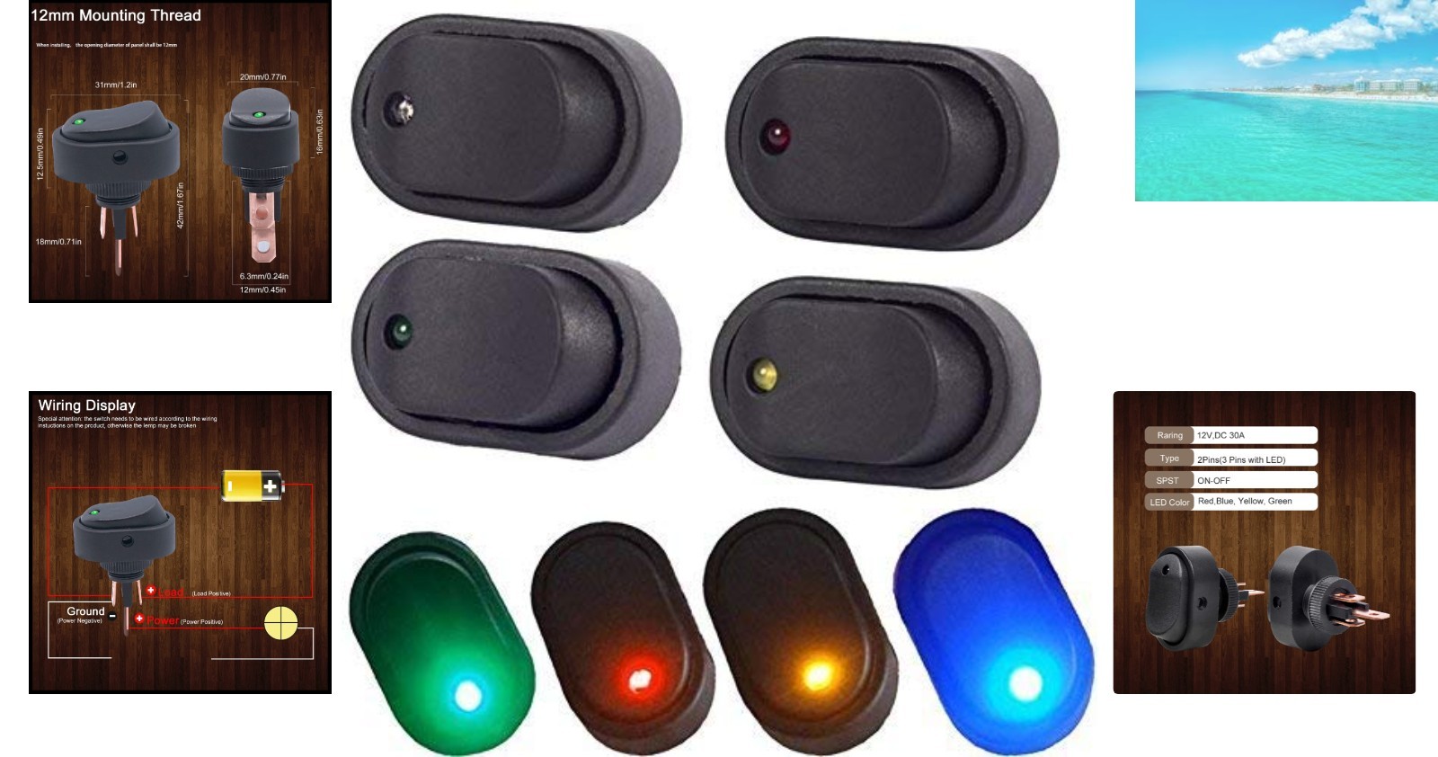 Colorful 12V 30A Rocker Switch with Waterproof LED for Auto & Marine – Pack of 4