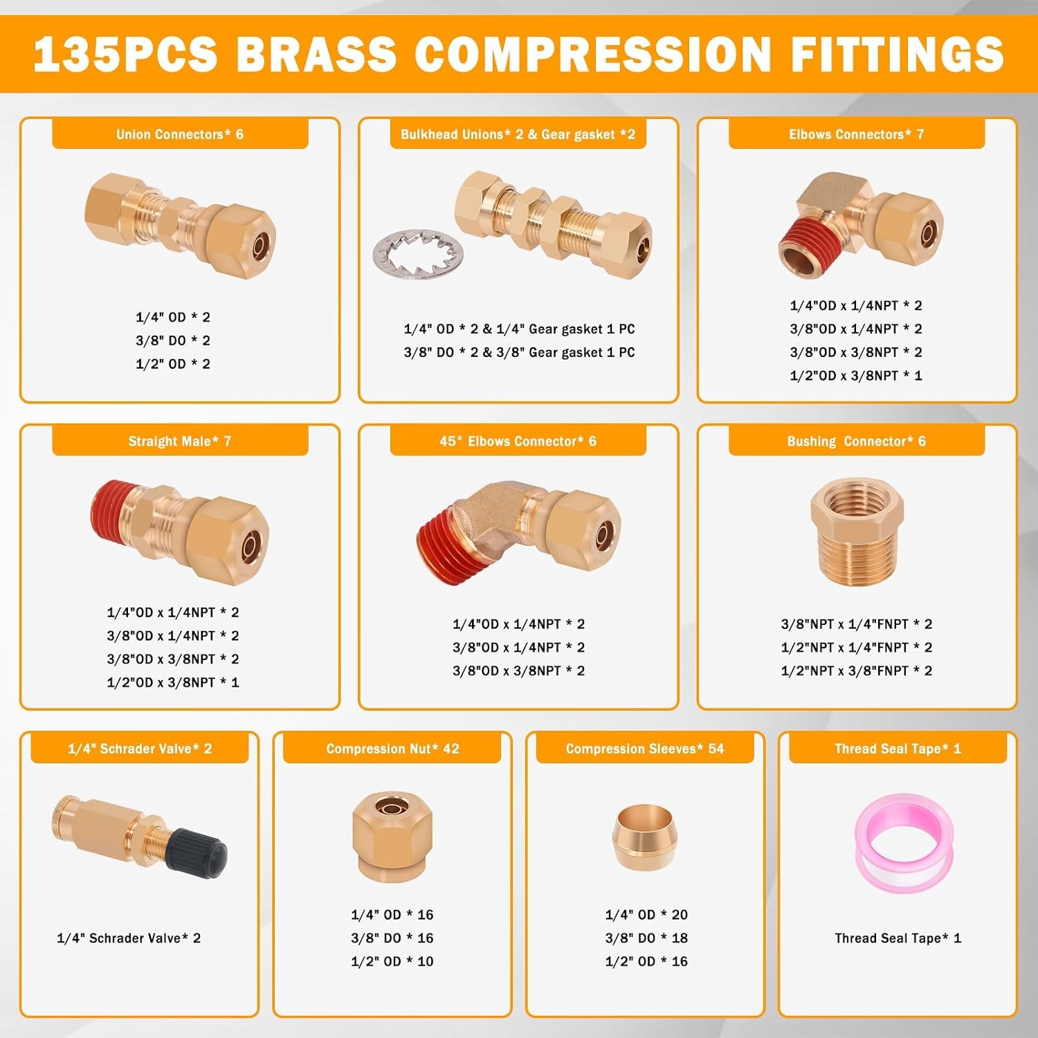 135 Pcs DOT Air Brake Line Fittings, 1/4″ 3/8″ 1/2″ Brass DOT Compression Air Ny