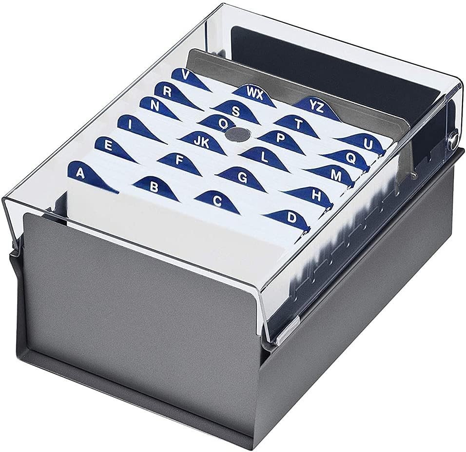 Durable 4×6 Card Holder, Metal Base, Clear Plastic Lid, AZ Index Included