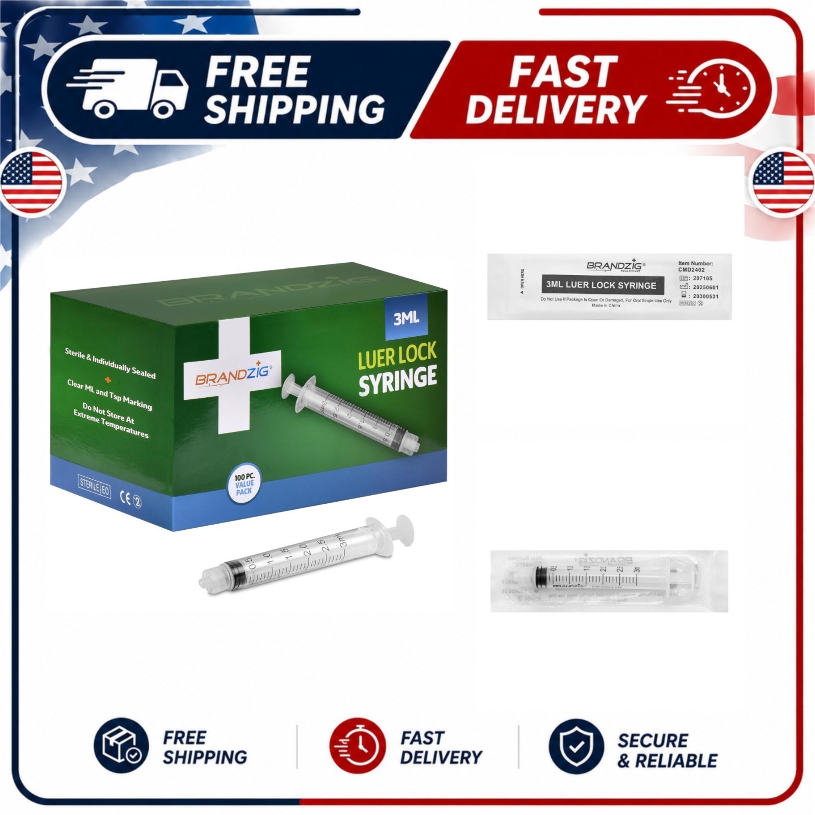 Brandzig 3ml Luer Lock Syringe (No Needle) – 100 Pack, Sterile