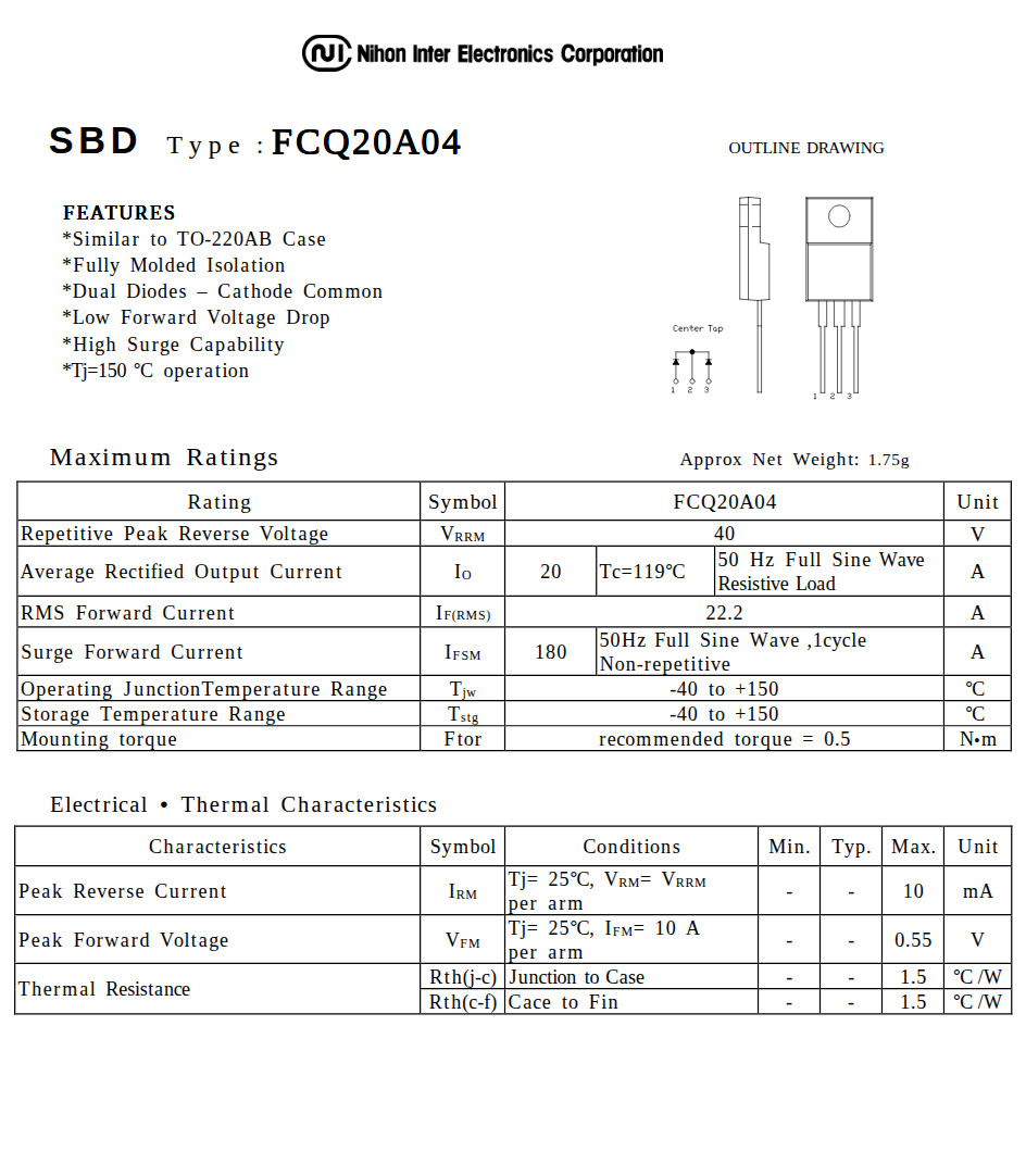10PCS FCQ20A04 Nihon Schottky Rectifier 40V 20A Diode TO-220FP