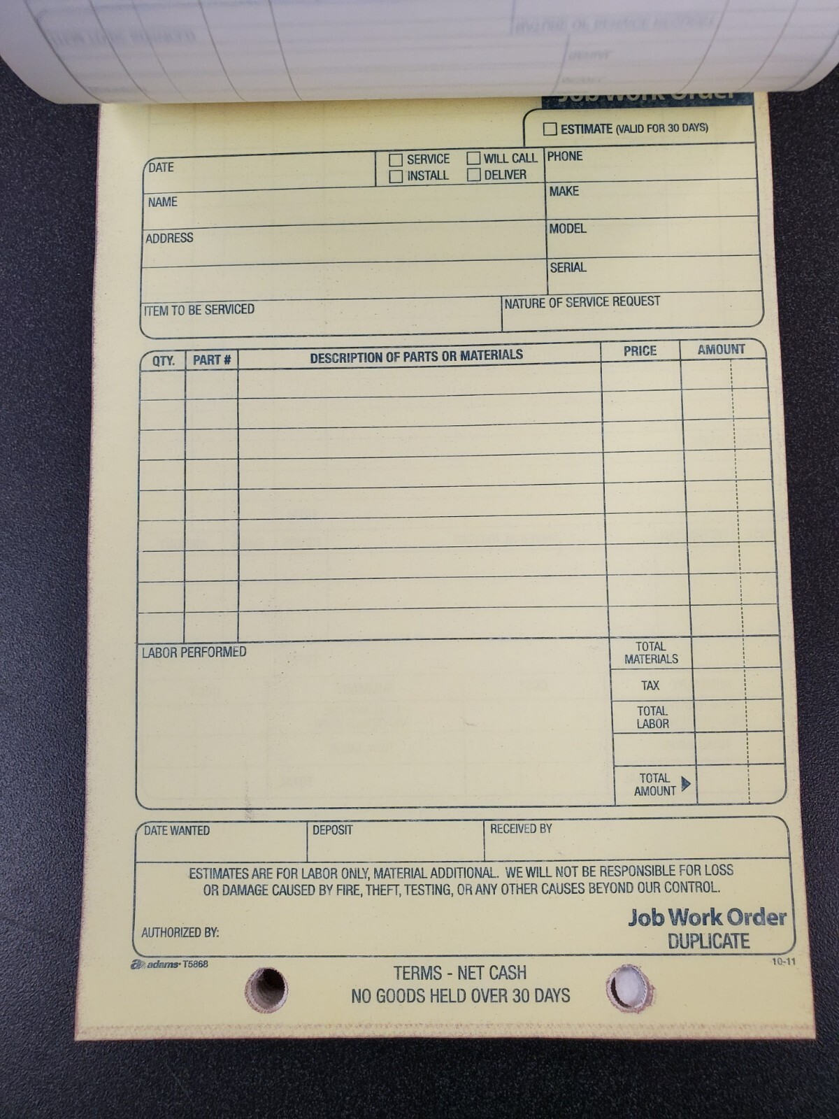 ABFT5868 Adams Job Work Order Book 3-Part Carbonless 33 Sets Each – PACK OF 10