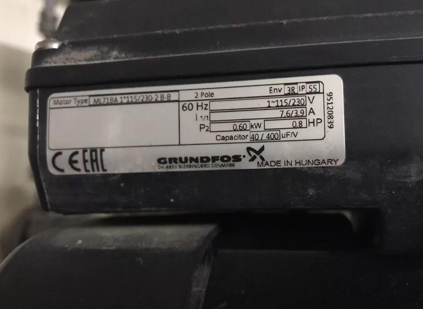 GRUNDFOS CENTRIFUGAL PUMP ML7BA1*115 115/230V 7.6/3.9A 0.8HP 2 POLE 60HZ 0.6KW