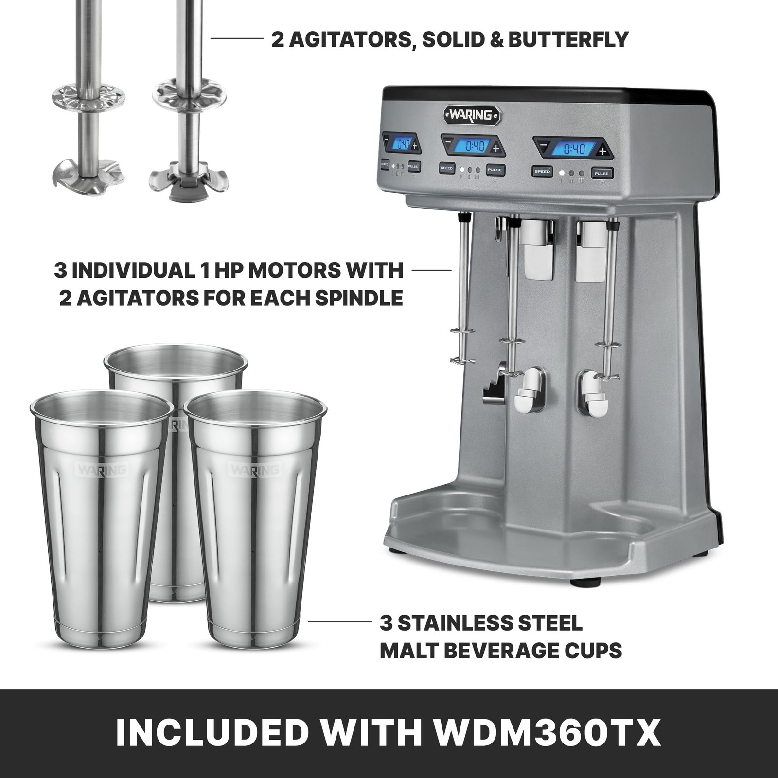 Waring Commercial WDM360TX Heavy-Duty Triple Spindle Drink Mixer, Each Spindl…