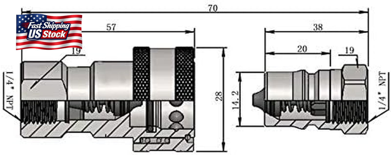 ISO 7241-B 1/4 Inch NPT Quick Disconnect Hydraulic Coupler/Coupling (2 Set)