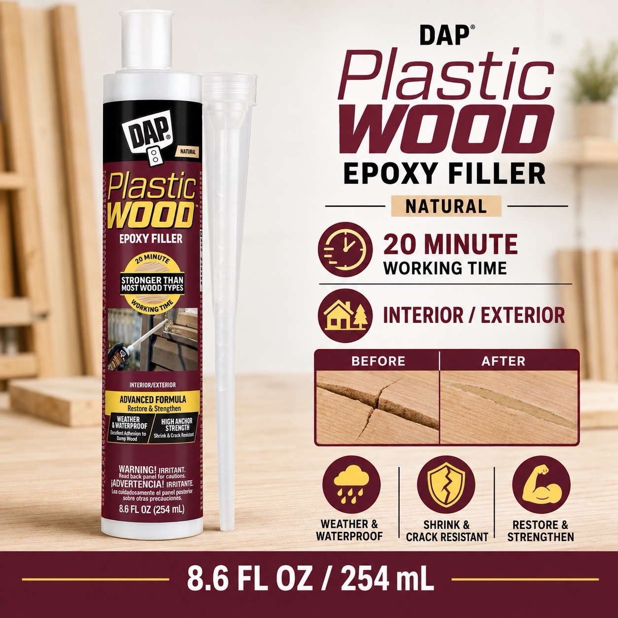 DAP Plastic Wood Epoxy Filler Natural 8.6 fl oz Interior Exterior Waterproof