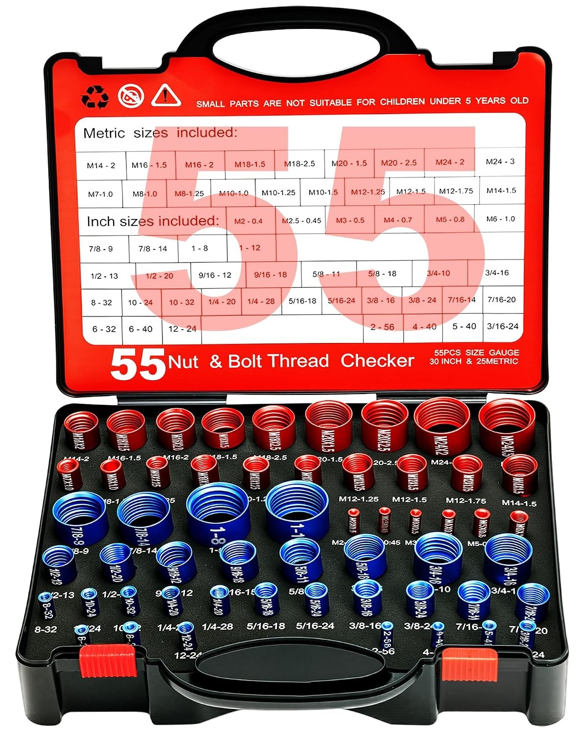 55Pcs Nut and Bolt Thread Checker 25 Metric + 30 SAE Inch Thread Gauge Set Deta