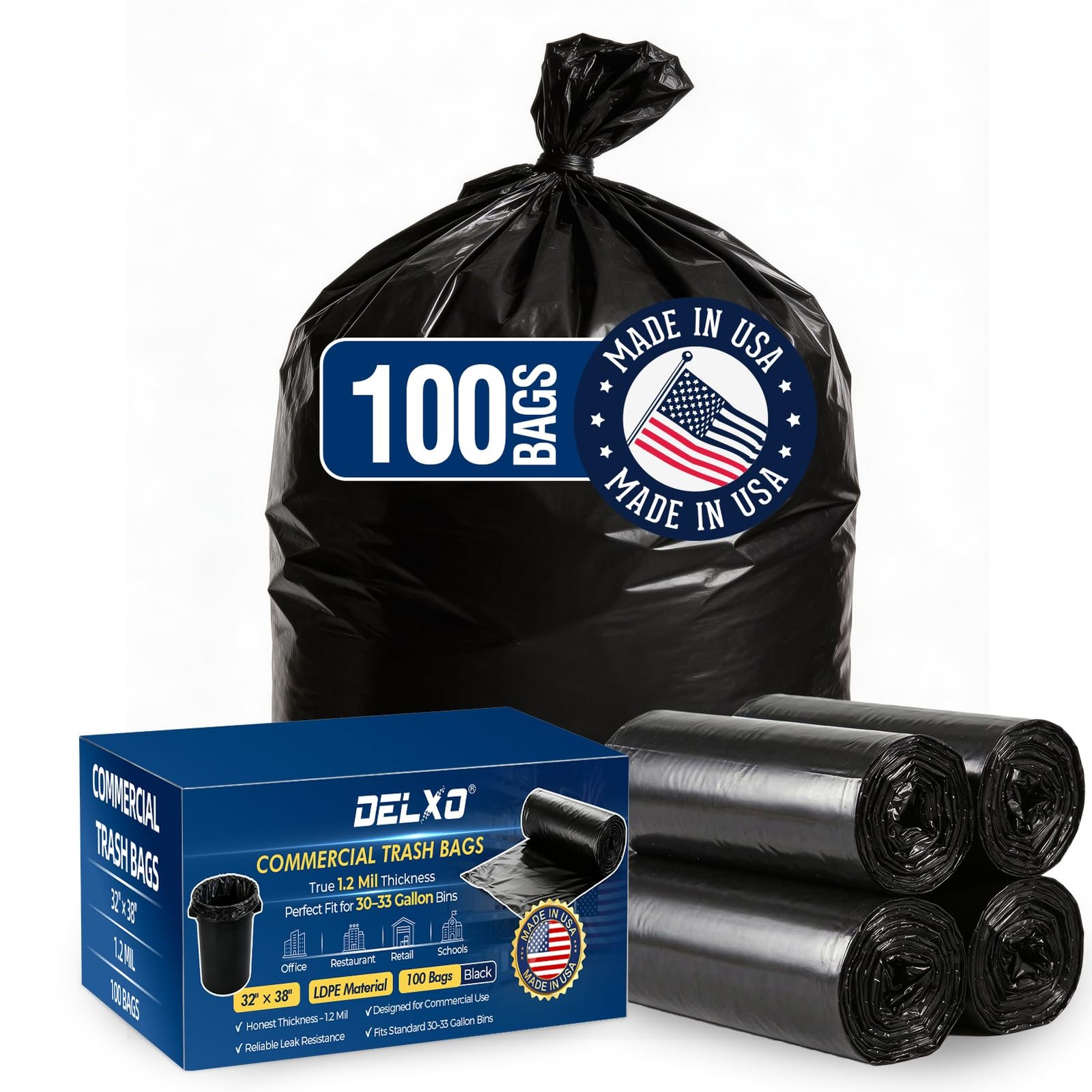 Delxo 30-33 Gallon Trash Bags, 1.2 Mil 1 Count (Pack of 100), Black