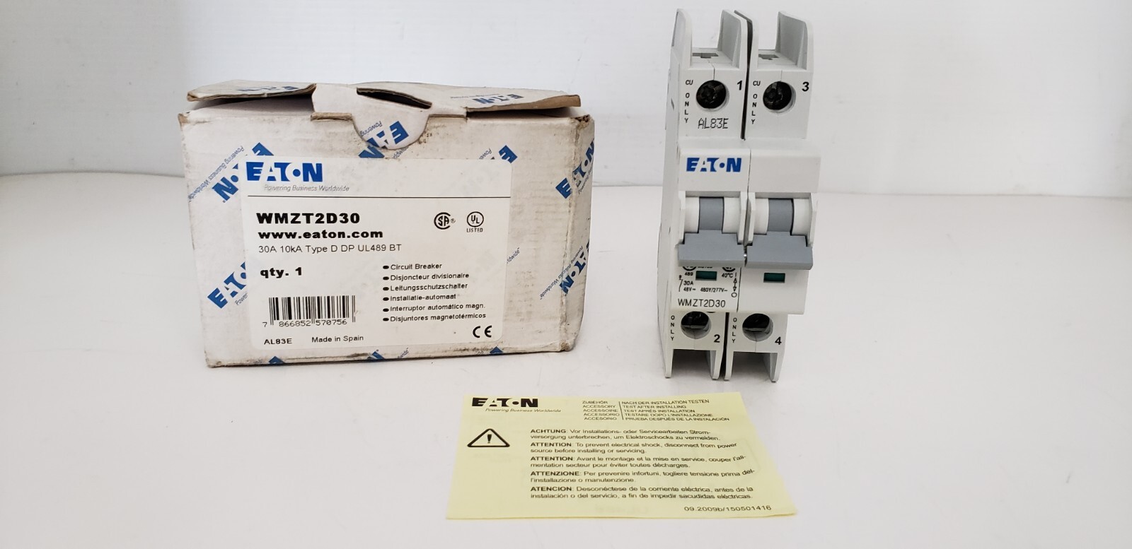 EATON WMZT2D30 (FAZ-D30-2-NA) CIRCUIT BREAKER, 2P 30A 10kA 480Y/277V TYPE D, NIB