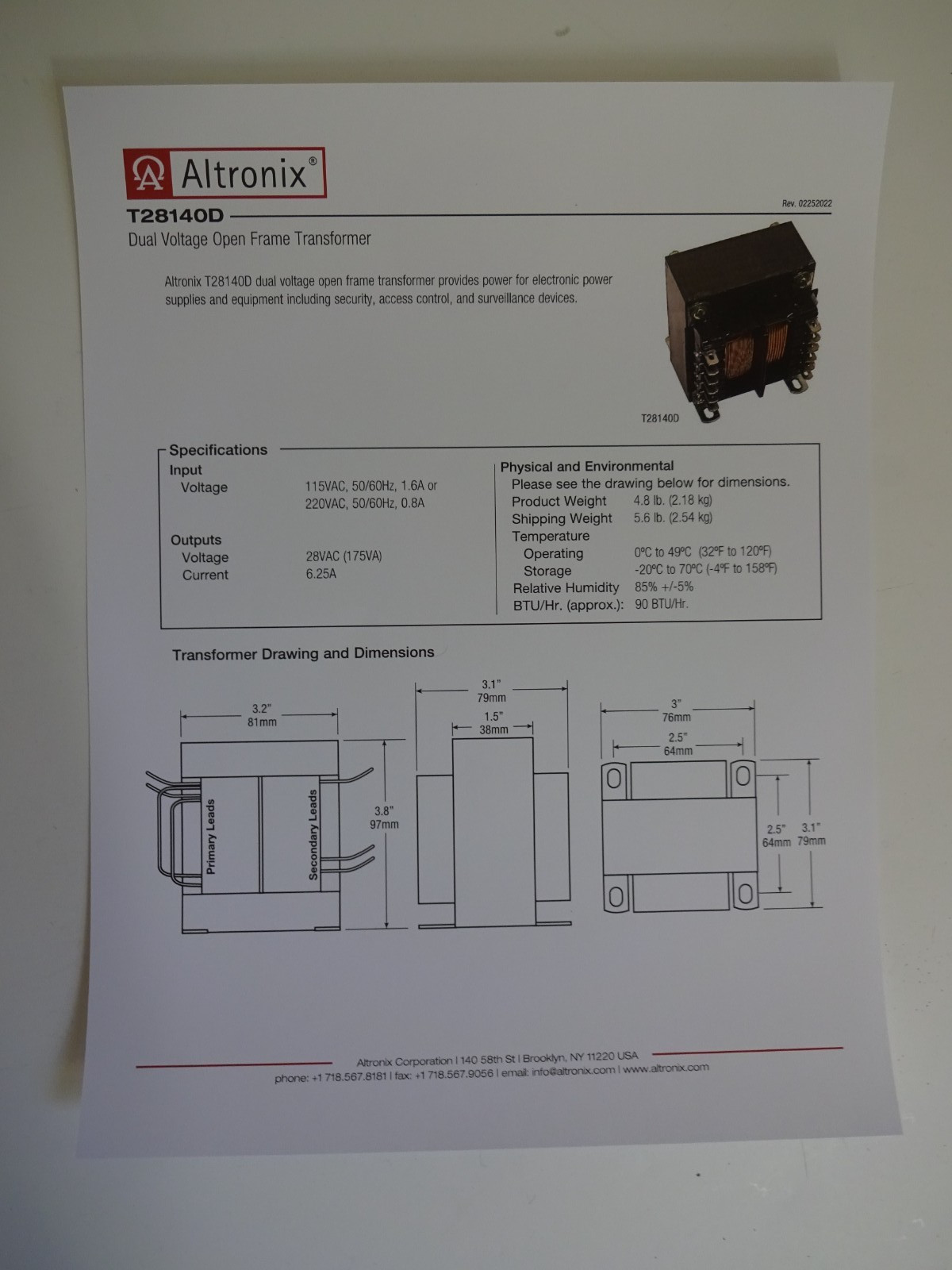 Altronix T28140 Open Frame Transformer (Input – 115V or 220V)(Output – 28Vac)