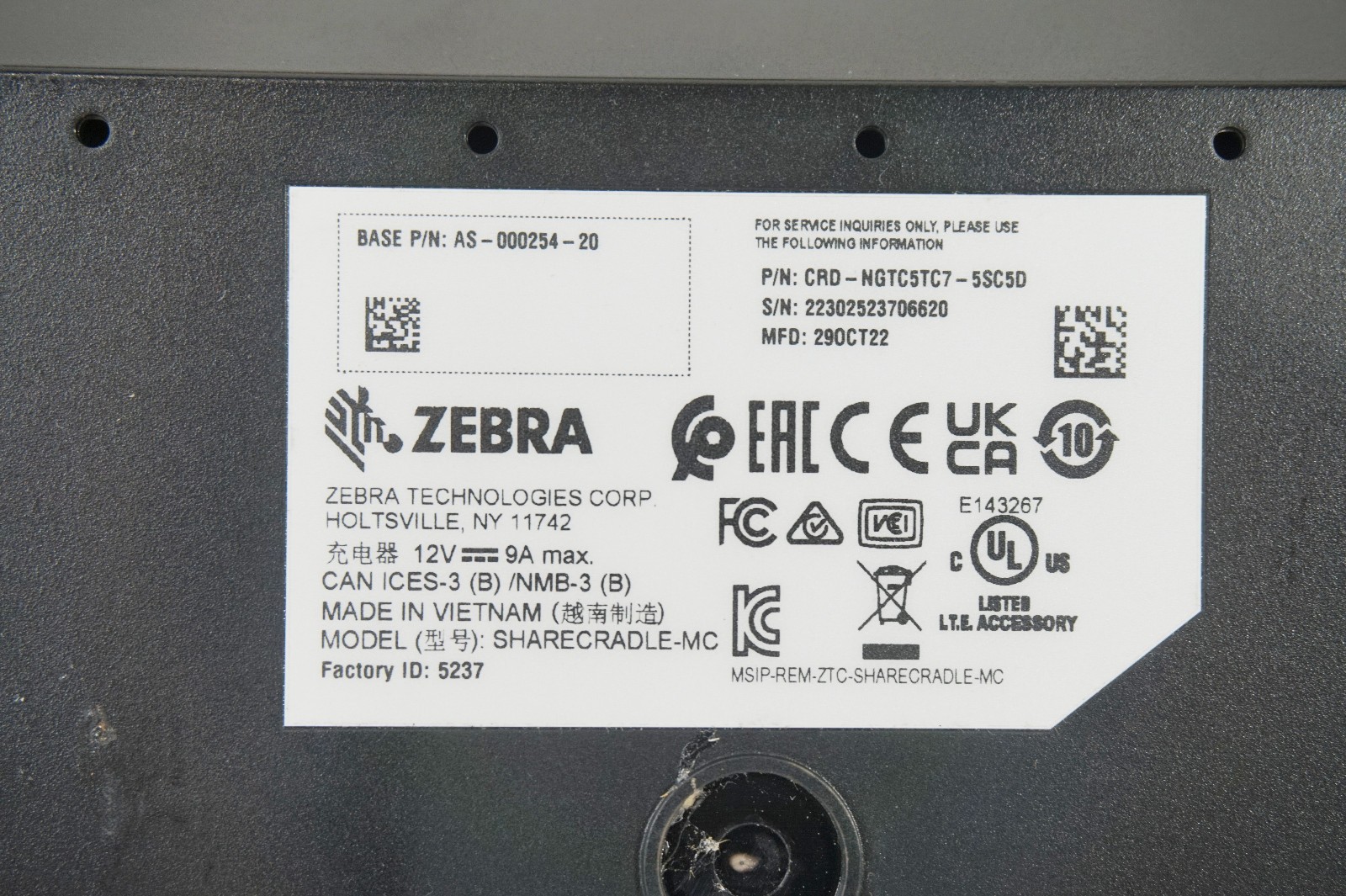 Zebra TC53 TC58 CRD-NGTC5TC7-5SC5D Barcode Scanner 5-Slot Dock Charger GENUINE