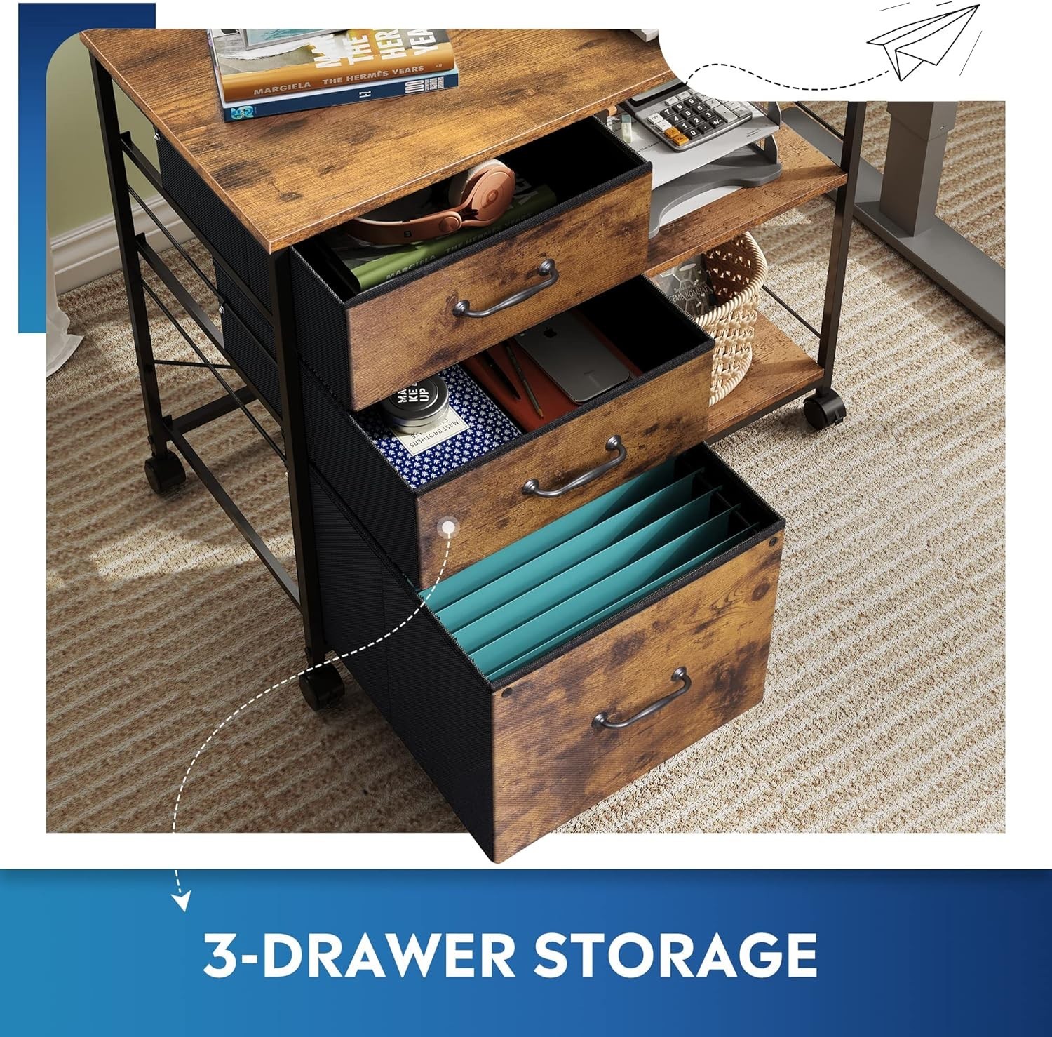 3 Drawer Mobile File Cabinet, Rolling Printer Stand with Open Storage Shelf, …