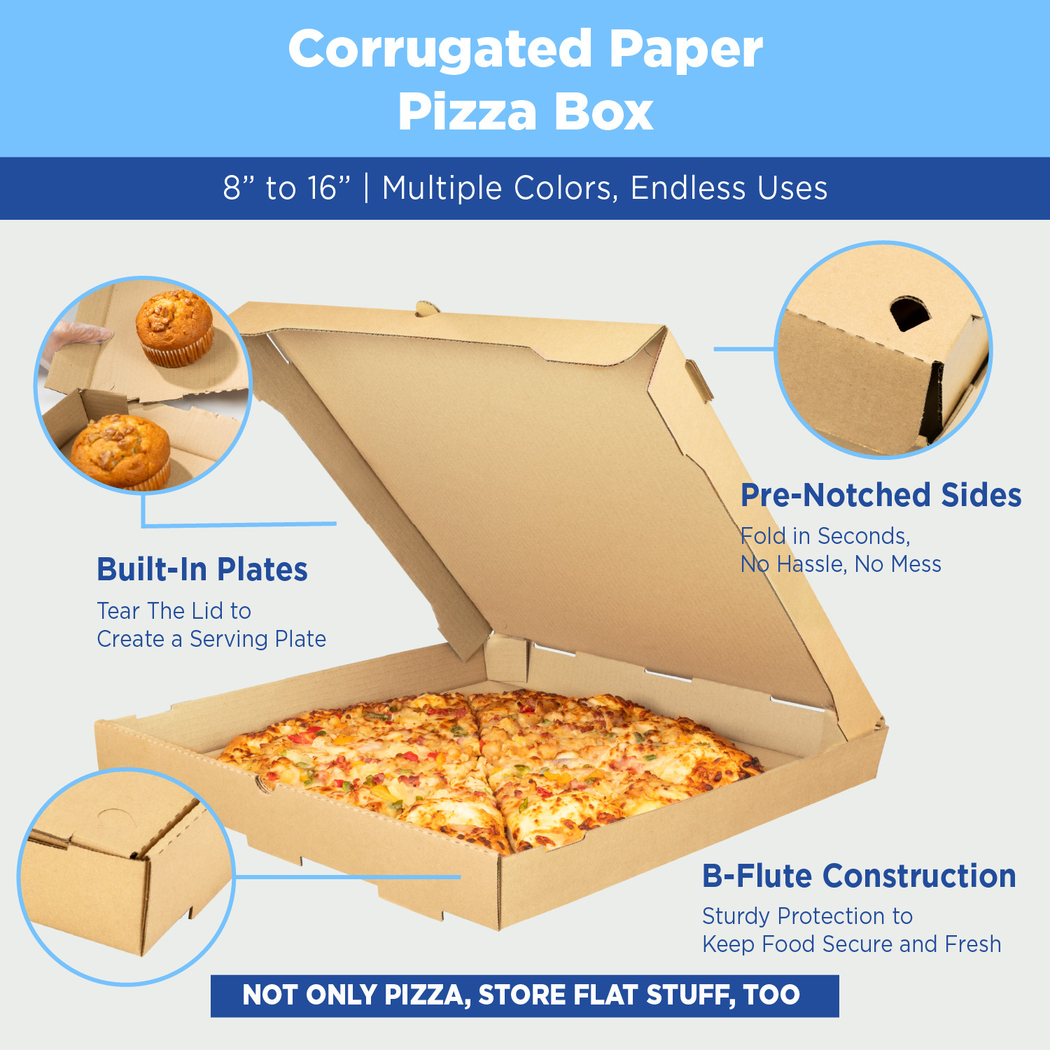 Karat Corrugated Pizza Box, 14”x14”x2”, Kraft – 50 pcs, FP-PBF14K