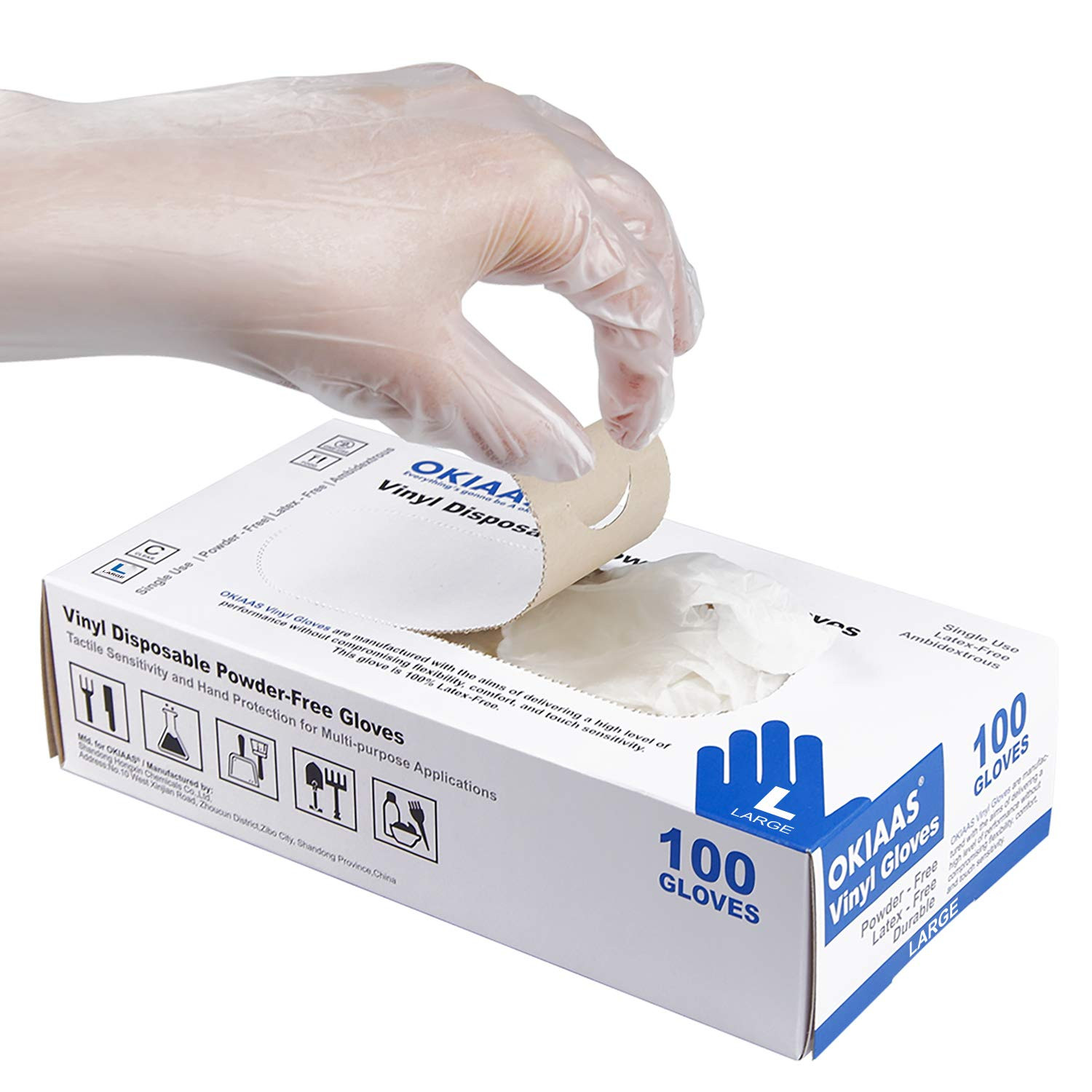 OKIAAS Disposable Gloves L, Food Safe| Latex-Free and Powder-Free Clear Vinyl Gl