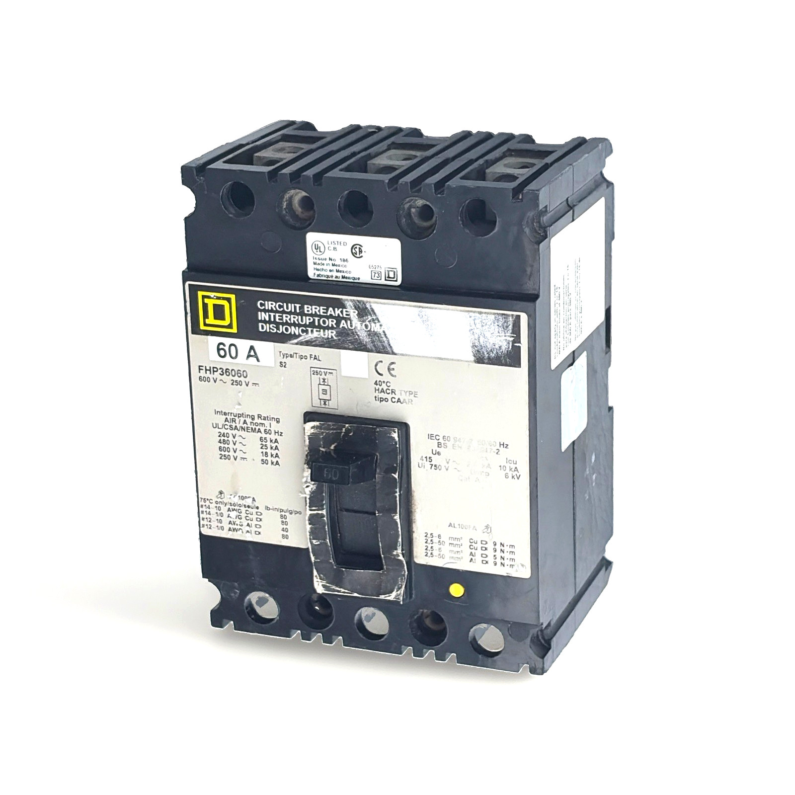 SQUARE D FHP36060 Circuit Breaker 60A, 600 VAC, 3-POLE *GREAT CONDITION*