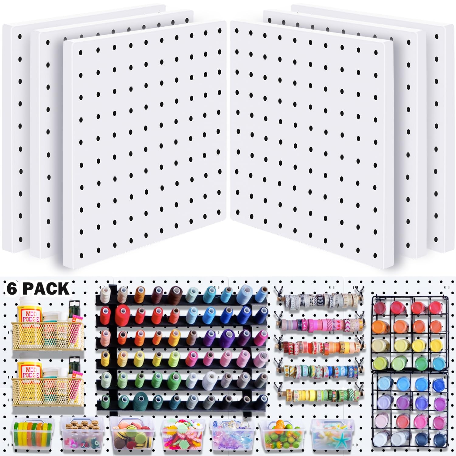 6 PCS White Pegboard Panels, Wall Organizer, Mount Display, Craft Room, Storage