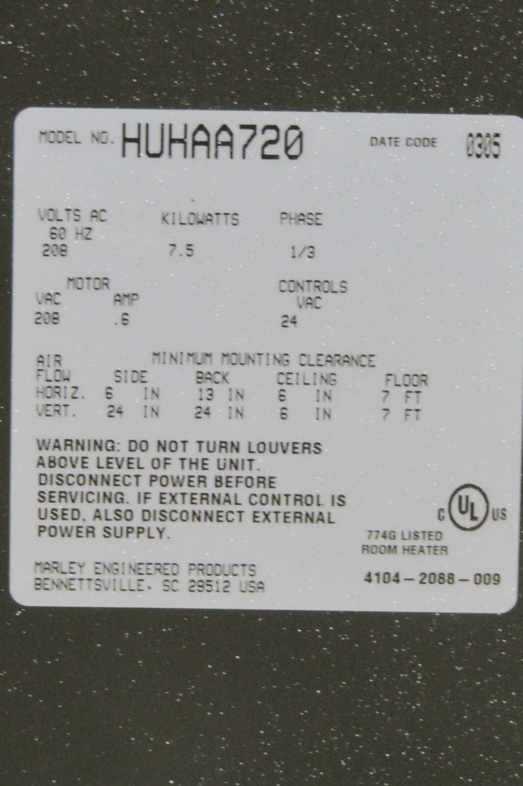 😏 BERKO 7.5 kW FAN DRIVEN UNIT HEATER 208 VAC 3∅ 60 Hz 170,600 BTU HUHAA720