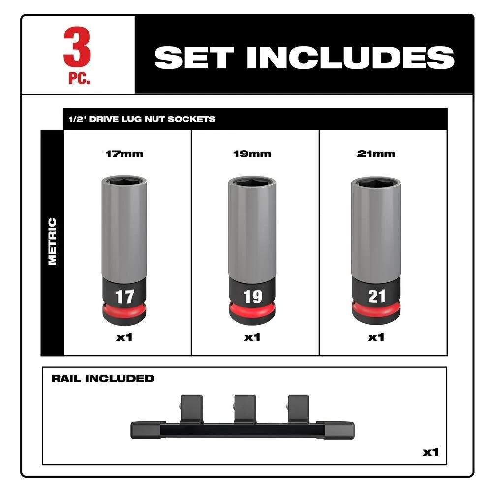 Milwaukee Shockwave Impact Duty Socket 1/2 Drive Metric 3Pc Lug Nut Wheel Set