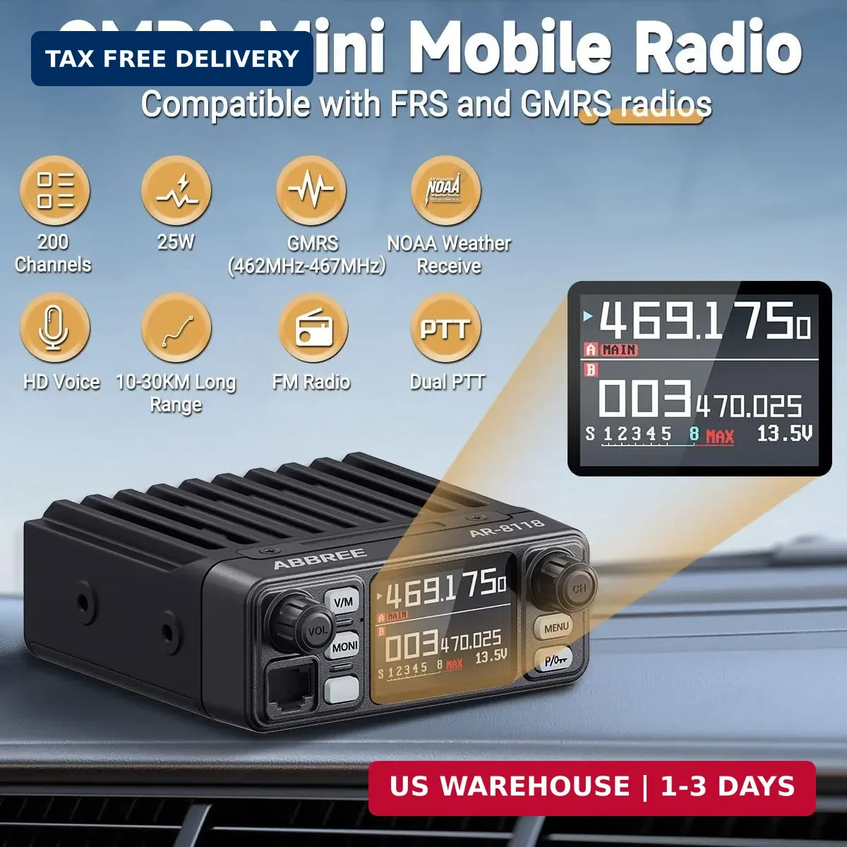 AR-8118 GMRS Mobile Radio, 25W Long Range GMRS Repeater Capable Base Station,…
