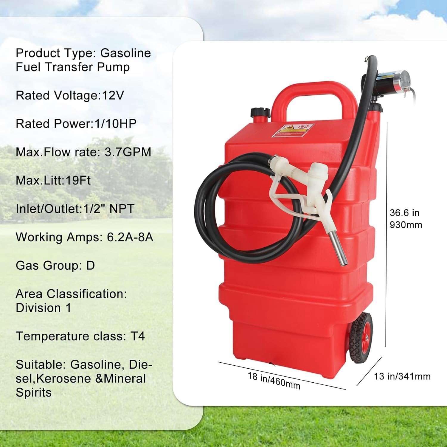 Red 16 Gallon 60L Portable Fuel Caddy Tank with 12V DC Electric Transfer Pump