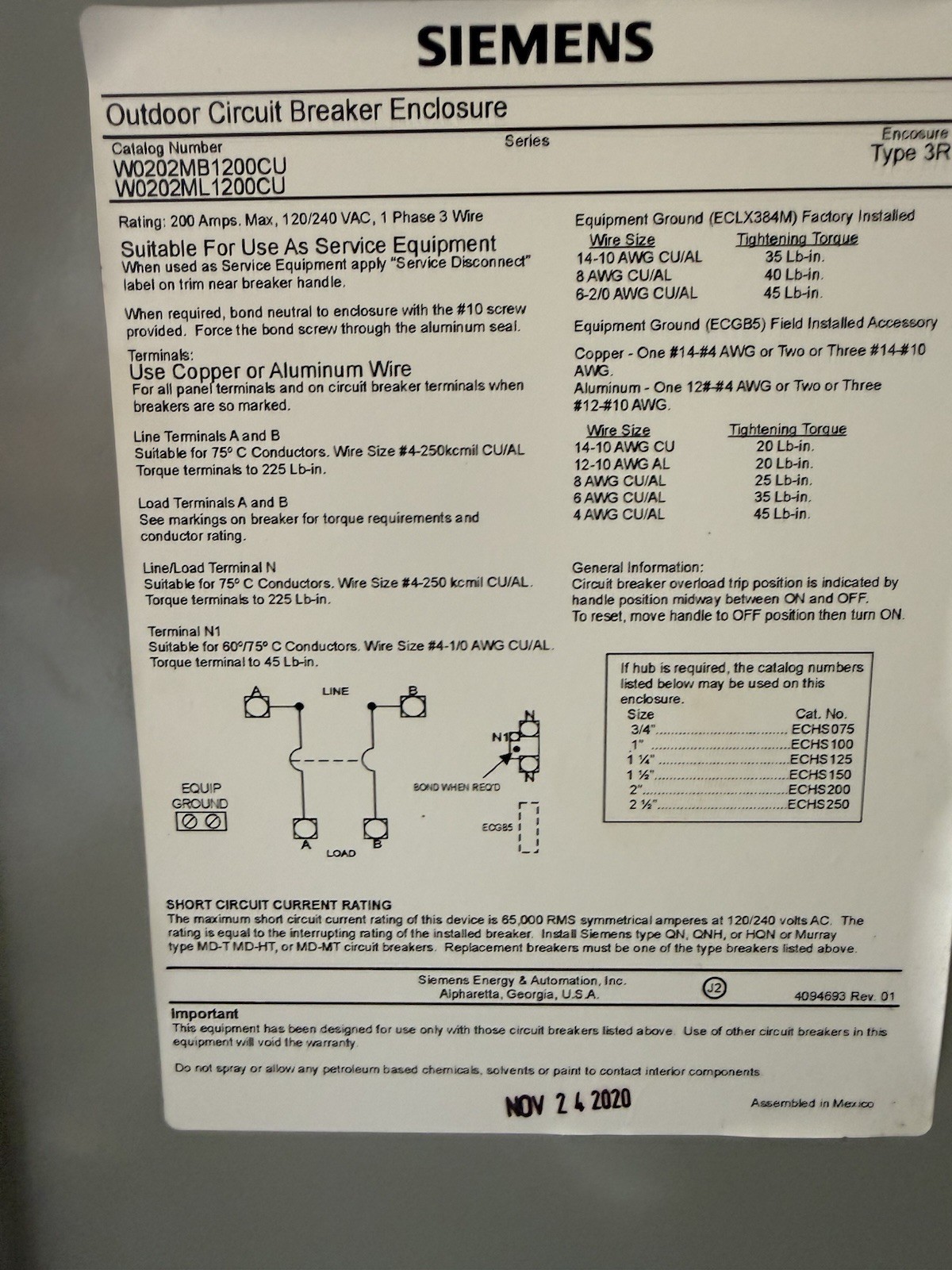 Siemens W0202MB1200CU 200A 2-Space Outdoor Main Breaker Enclosure