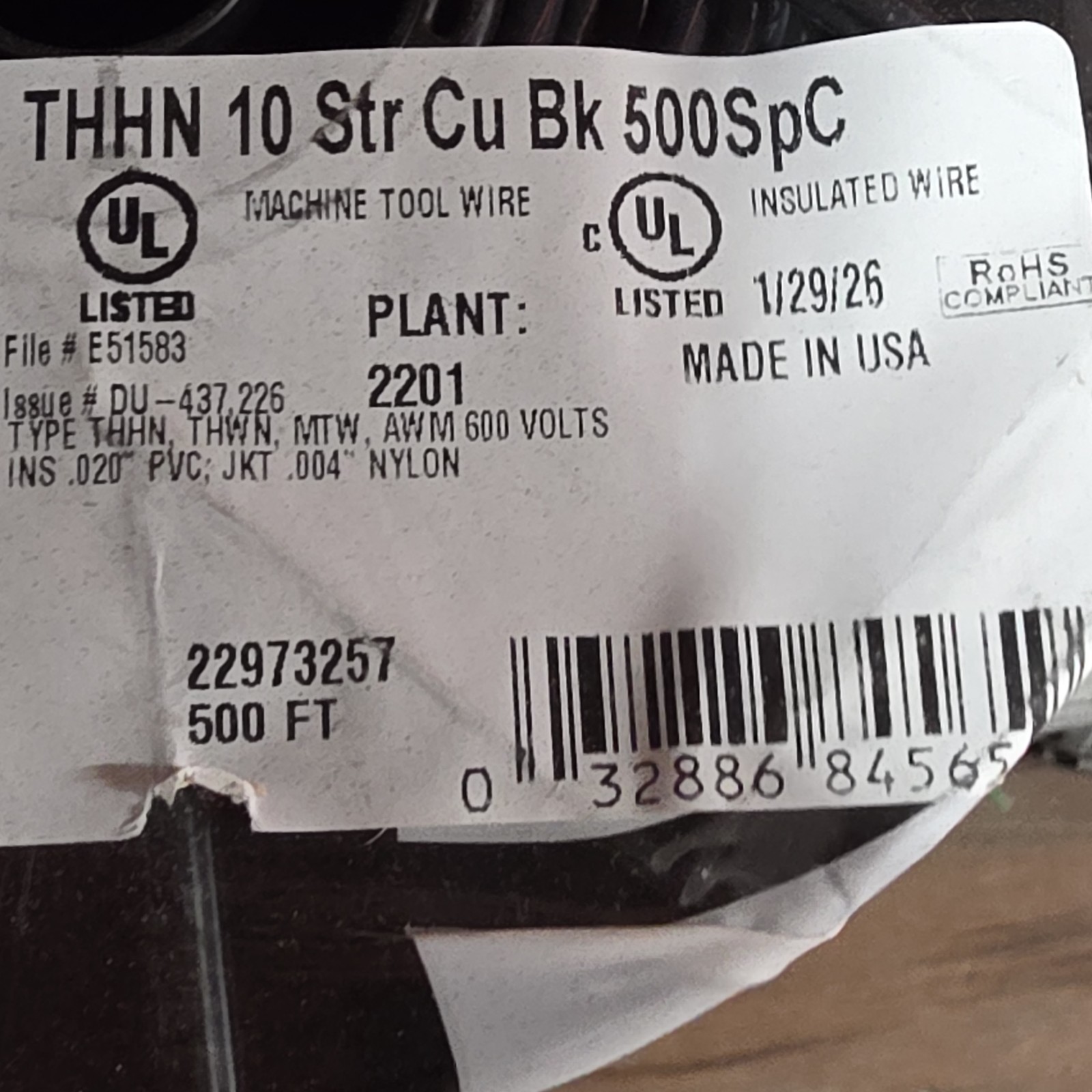Southwire 10 AWG Stranded THHN Copper Wire Black 500 ft Roll 600V