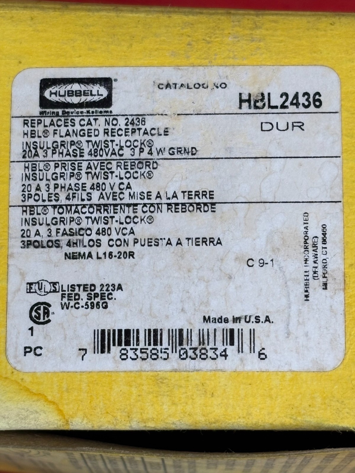 NEW HUBBELL HBL2436 TWIST-LOCK FLANGED RECEPTACLE 20A 3 PHASE 480V 3P4W GROUND