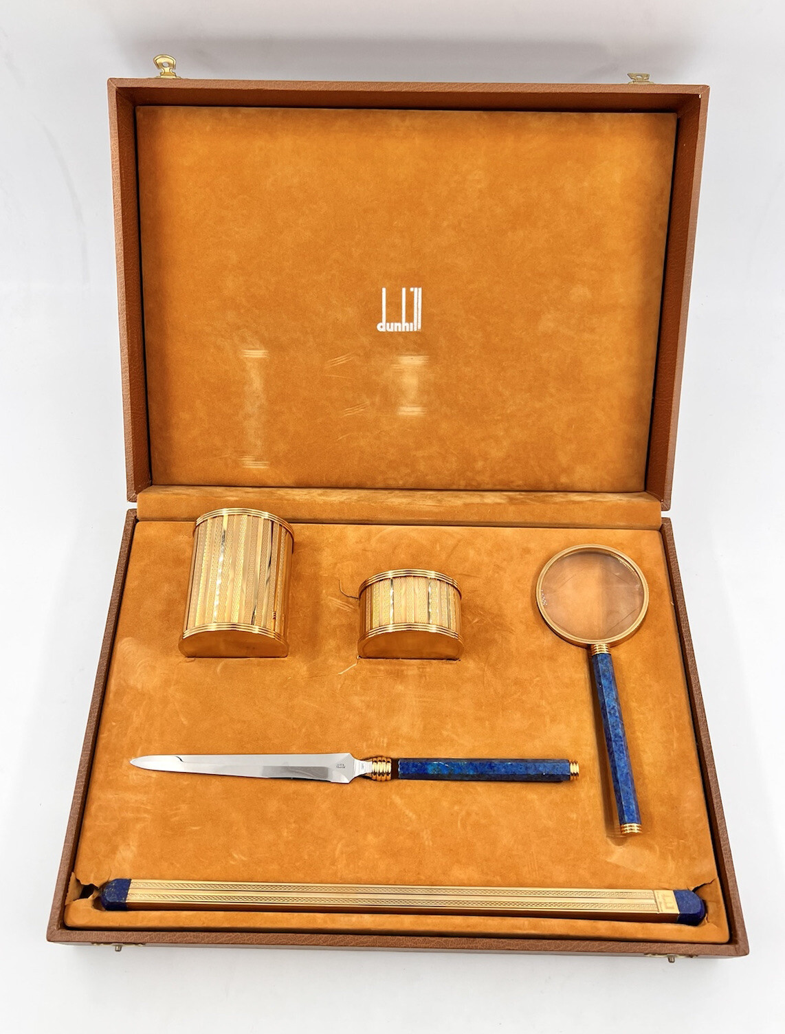 RARE DUNHILL PARIS FRANCE COLLECTION GOLD & LAPIS LAZULI DESK SET + ACCERSSORIES
