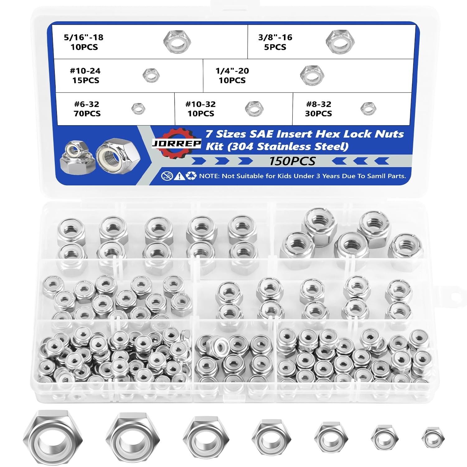 150PCS Hex Lock Nuts Assortment Kit 304 Stainless Steel SAE Nylon Insert 7 Sizes