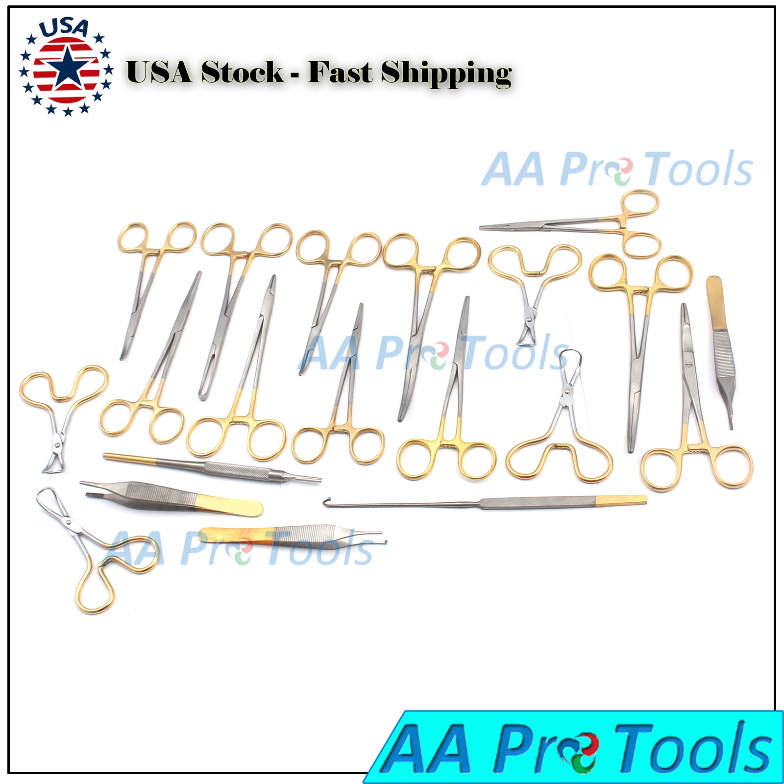 22 PCS GOLD HANDLE T/C FELINE SPAY PACK SURGICAL INSTRUMENTS KIT DS-1065