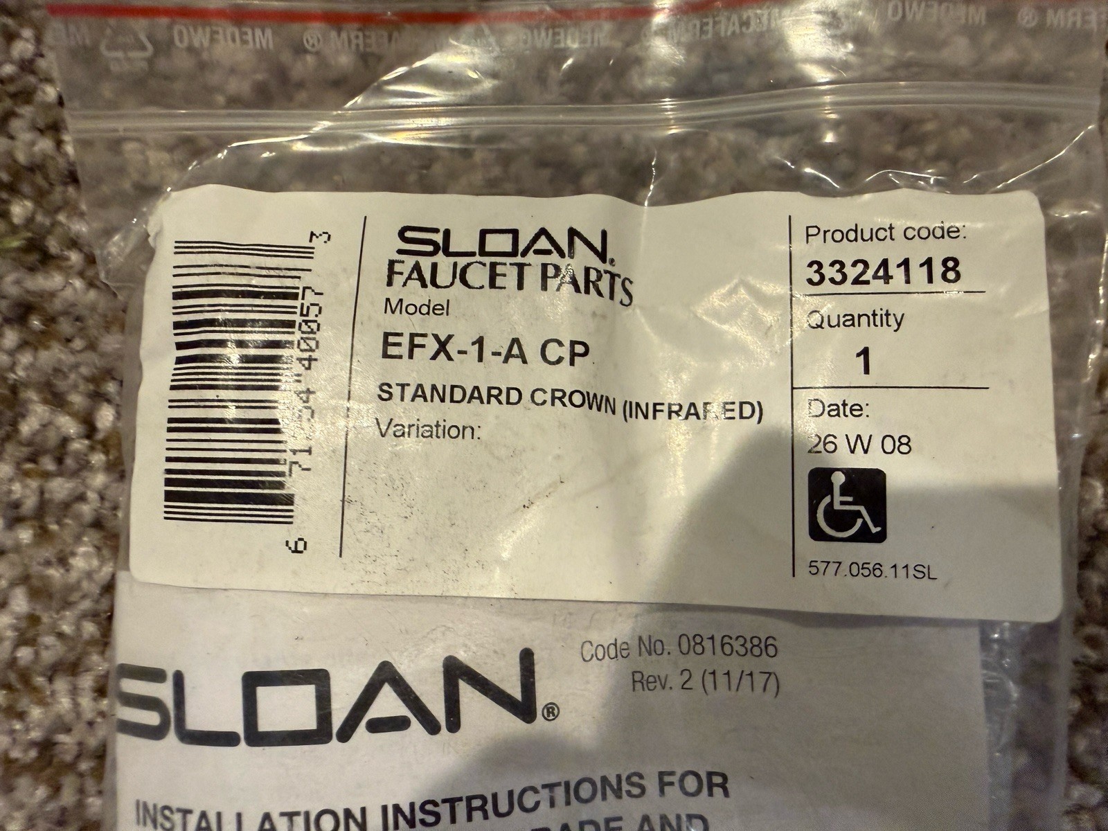 SLOAN Standard Crown Replacement IR Sensor Kit EFX-1-A CP NEW