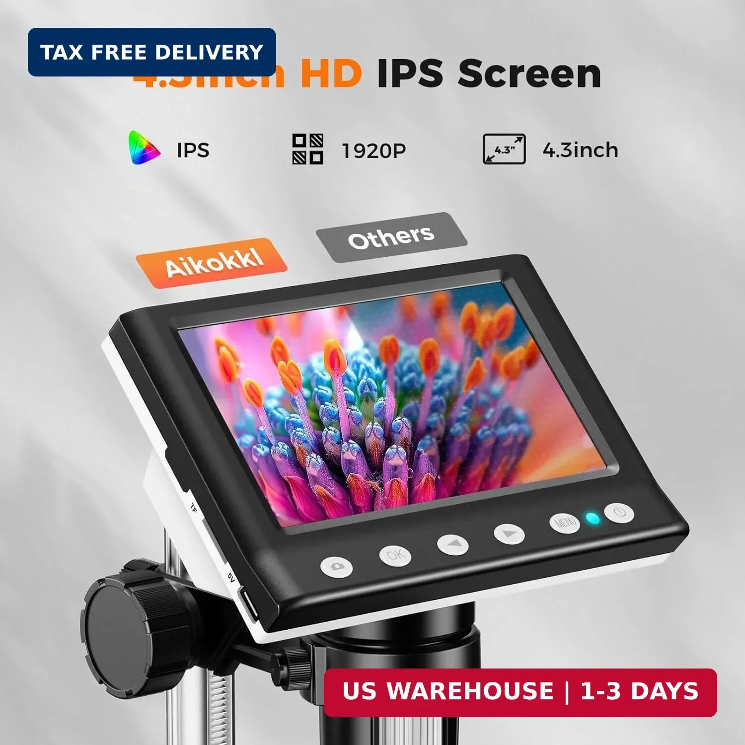 4.3 Inch LCD Digital Coin Microscope, 1000X USB Magnifier with 8 Adjustable LED
