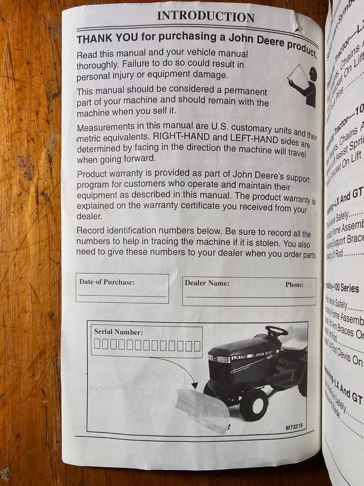 John Deere 42″ Front Blade S/N 10001-90000 for 100 LX GT Series Tractor Manual