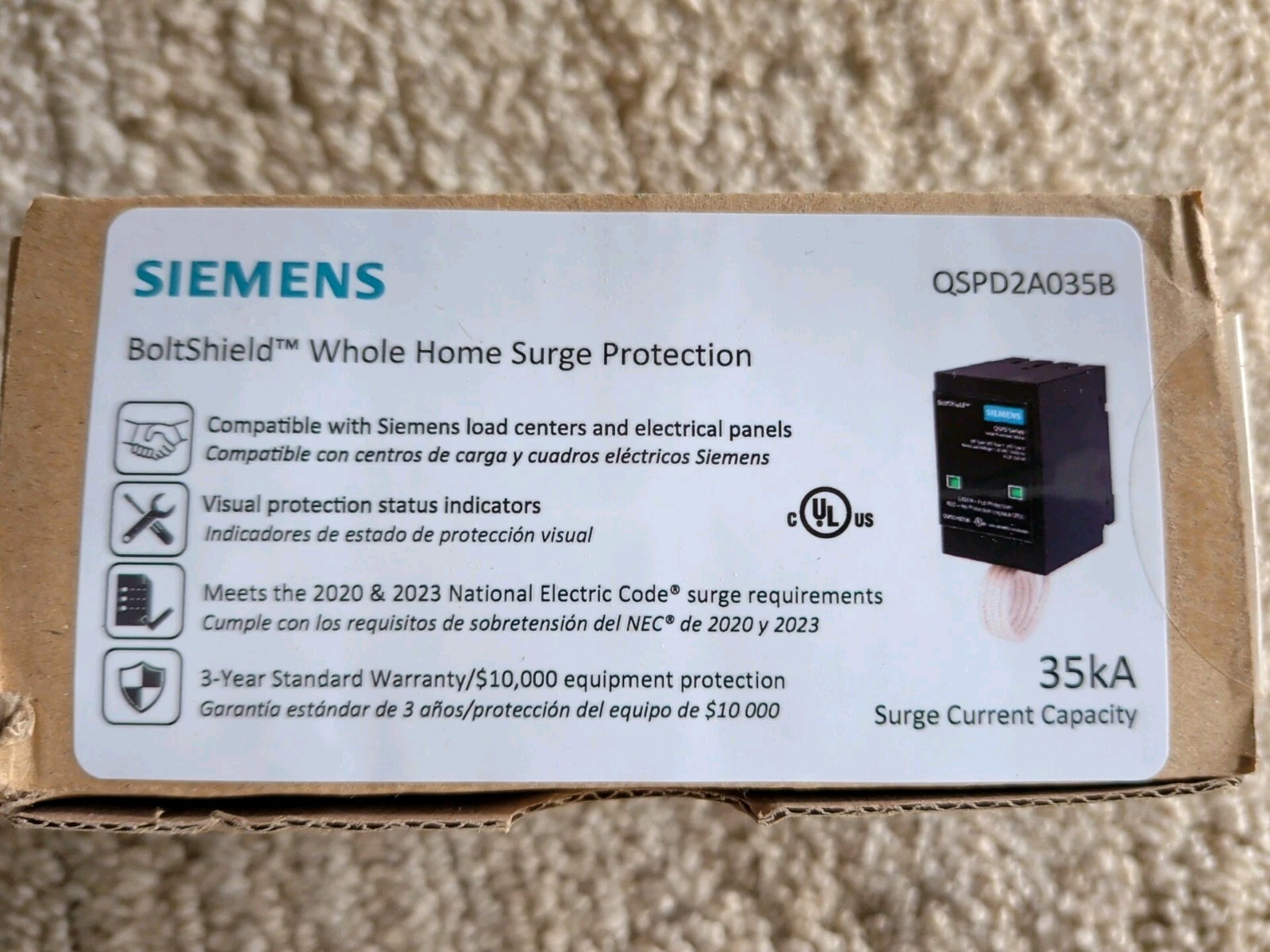 Siemens QSPD2A035B 35KAmp BoltShield Indoor Surge Protective Device