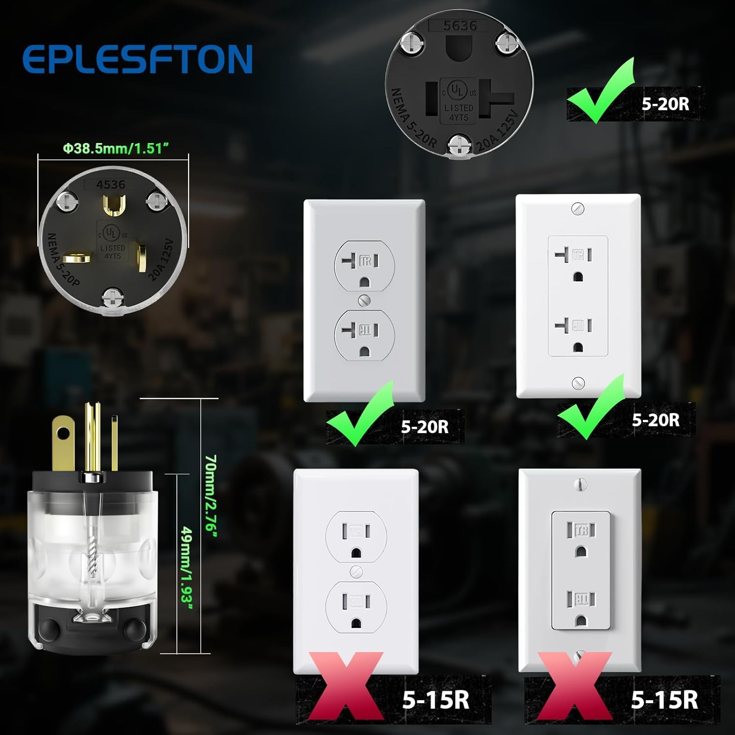 1 Set 20A Female Extension Cord Ends Replacement, Lighted Plug and Black