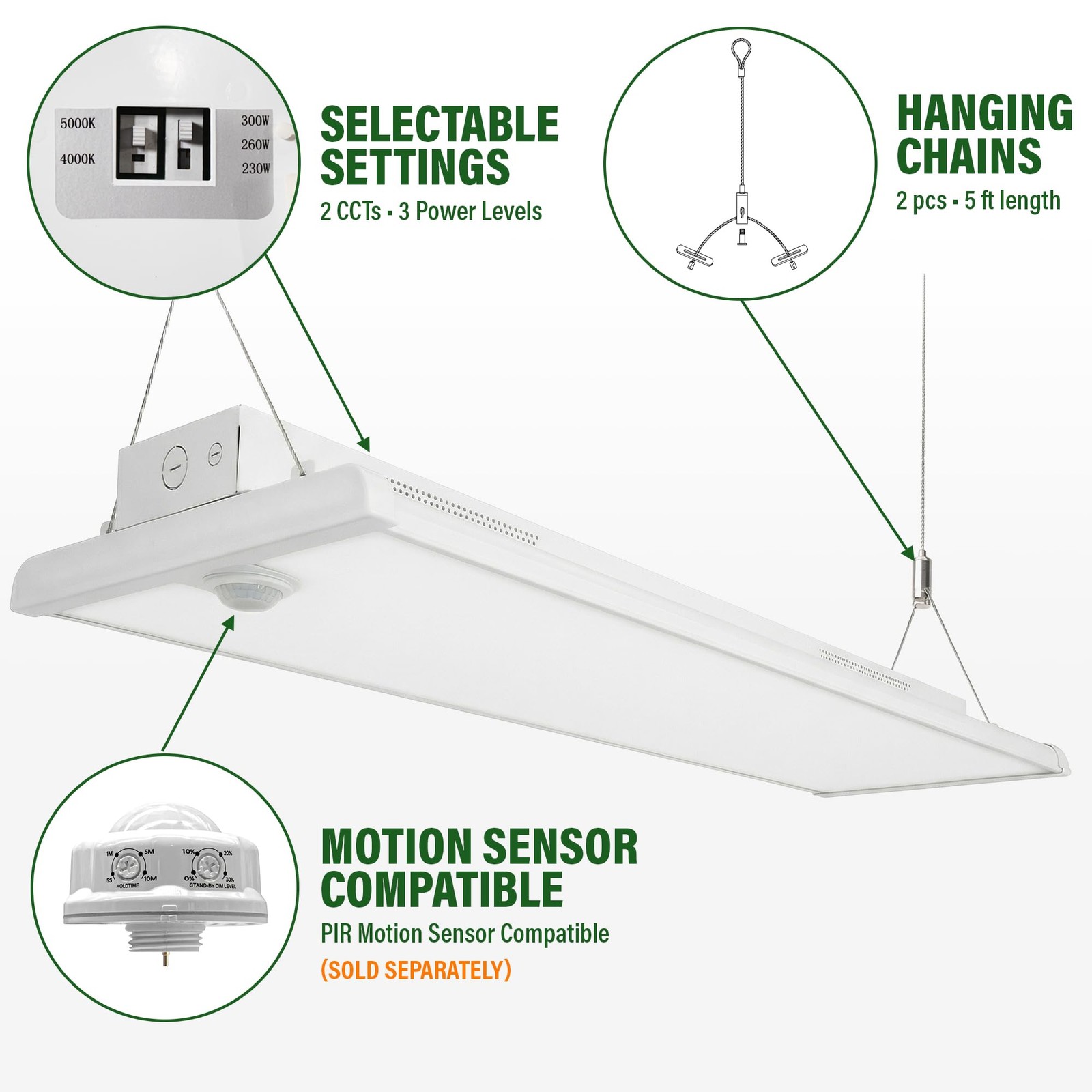 LAUCO LED Linear High Bay Light, 4FT 300/260/230w Selectable120-277V, Power