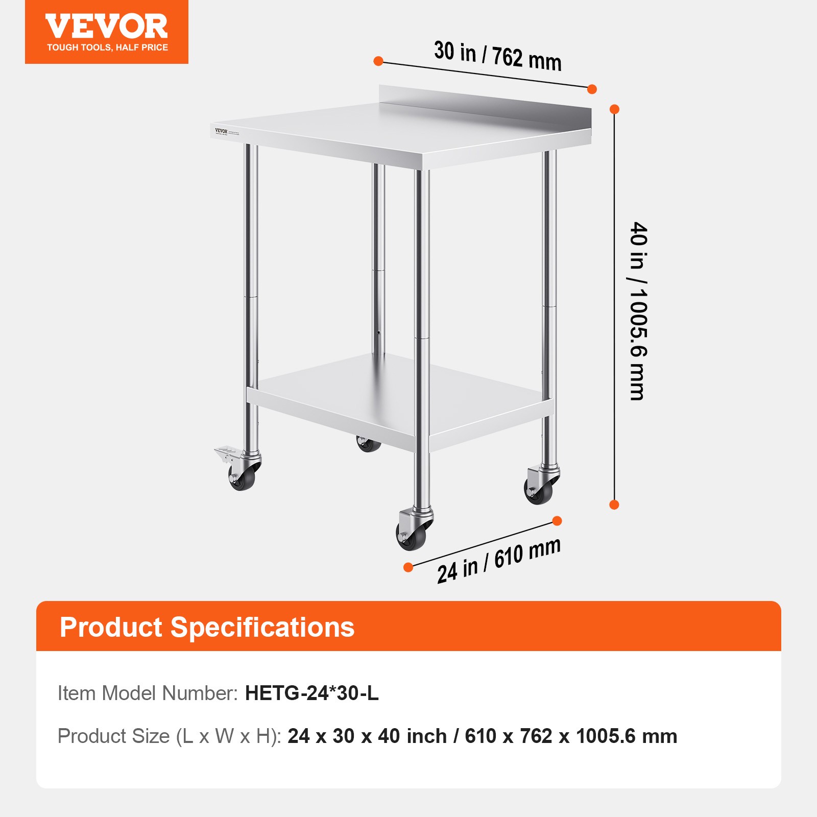 VEVOR Stainless Steel Work Table Commercial Food Prep Table 24″x30″ with Casters
