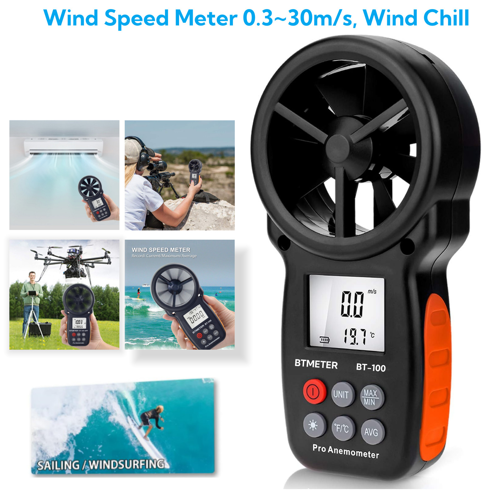 8-Vane Handheld Anemometer Wind Speed Meter,Tripod Mount, Wind Chill,LCD Backlit