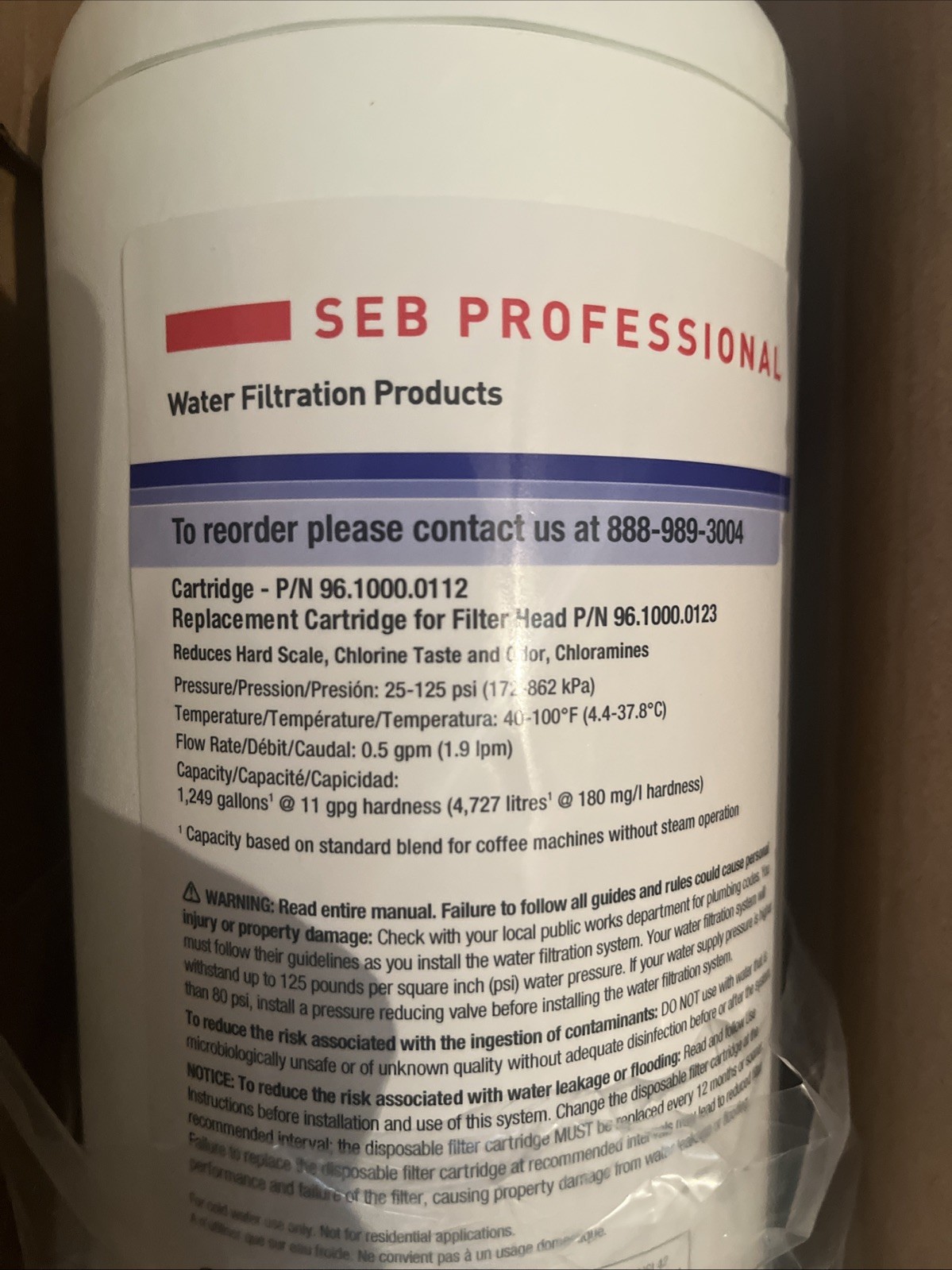 SEB Water Filter Replacement Cartridge PN: 96.1000.0112