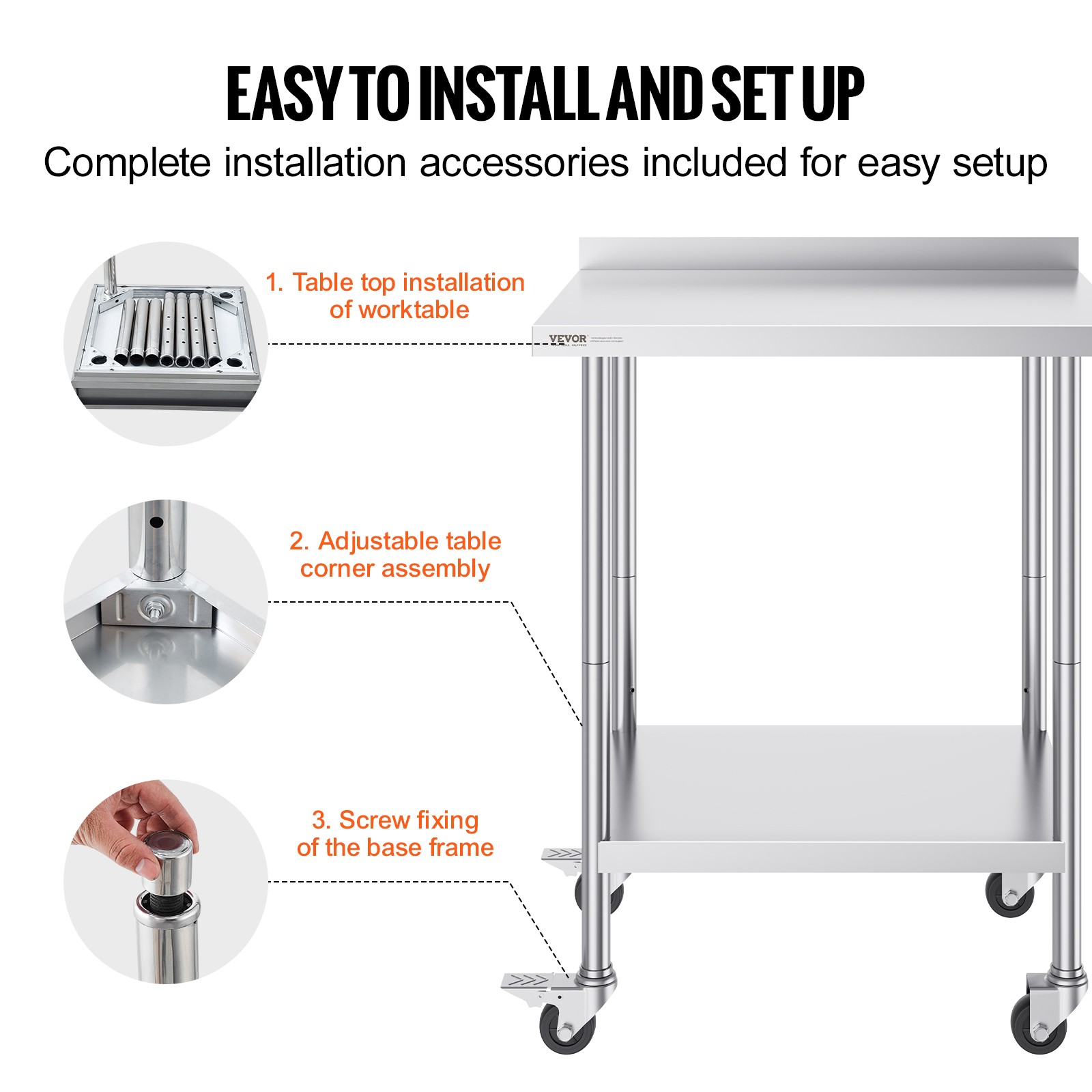 VEVOR Stainless Steel Work Table Commercial Food Prep Table 24″x30″ with Casters