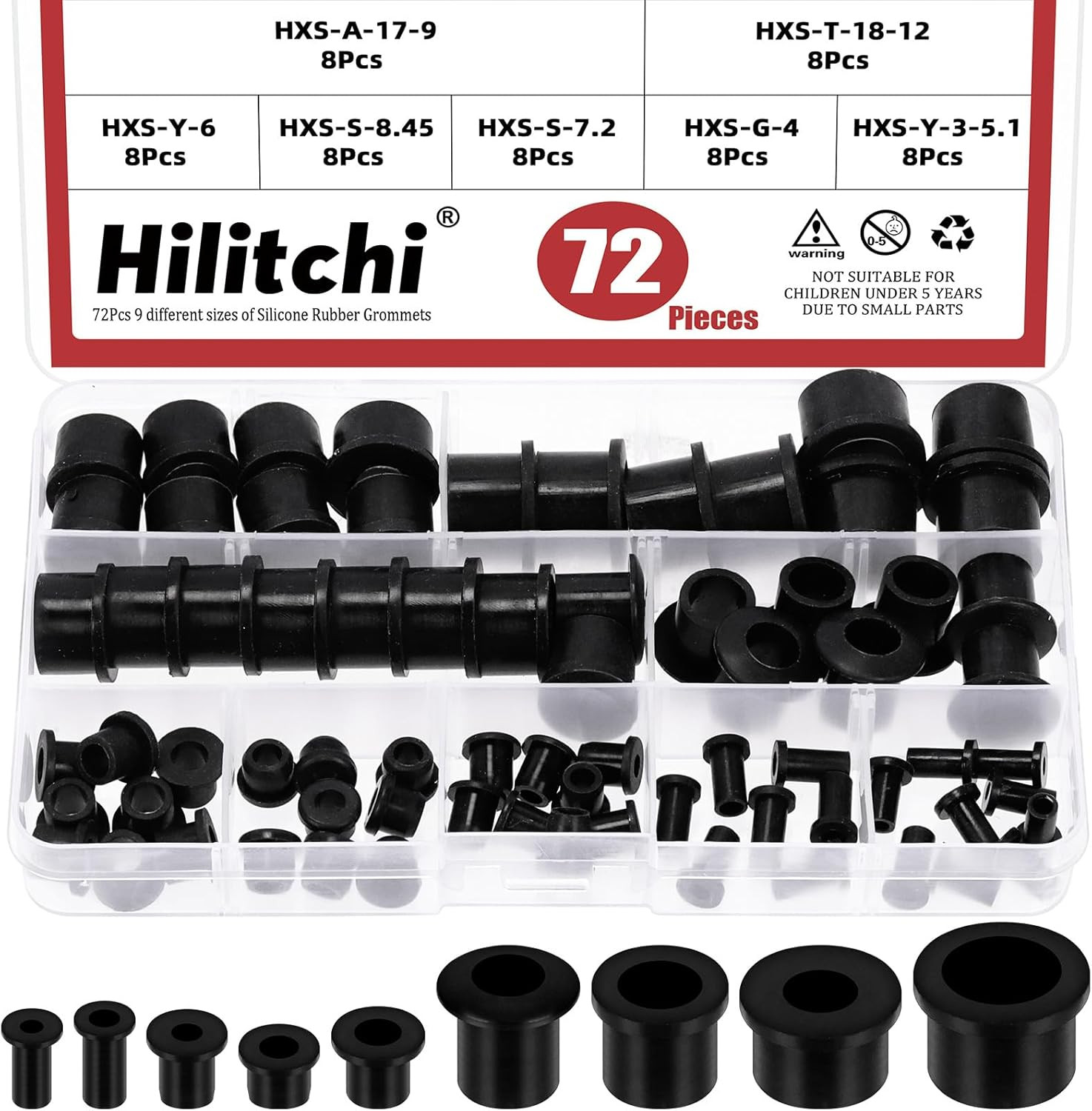72PCS 9 Sizes Black Silicone Rubber Grommets Kit T-Type Hole Grommet