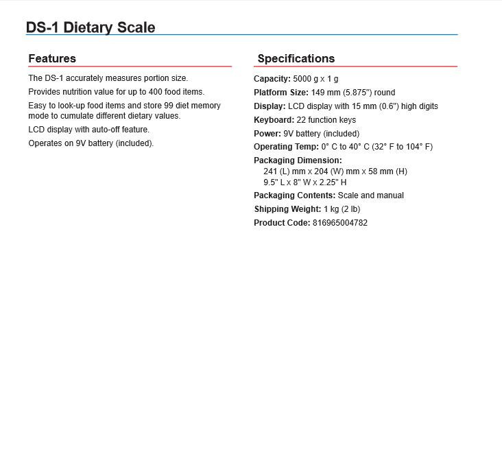 Salter Brecknell DS-1 Dietary Scale 5000×1 gram, 99 Diet Memory,Brand New