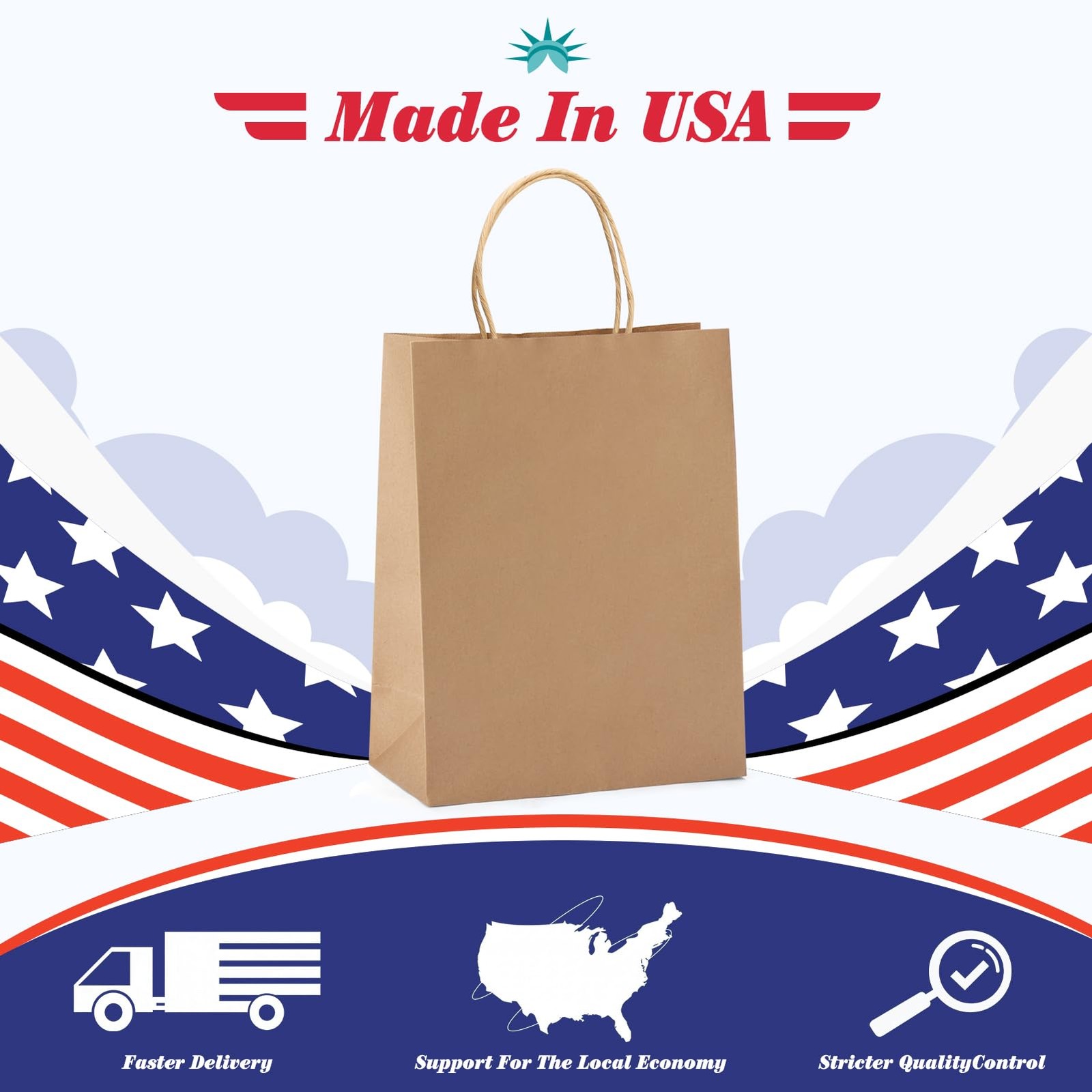 GSSUSA 100 Pack Brown Paper Bags with Handles, 8 1 count (Pack of 100),